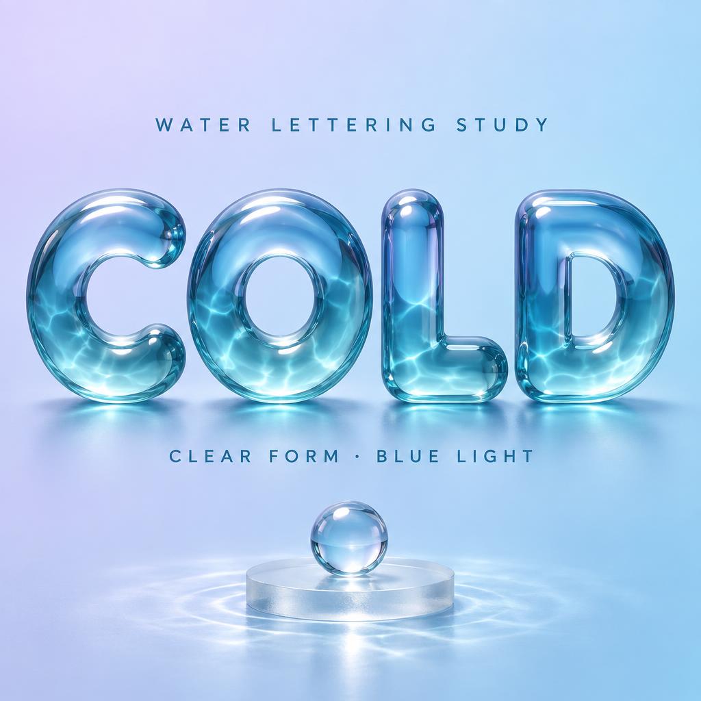 "COLD
WATER LETTERING STUDY
CLEAR FORM · BLUE LIGHT" — Glass Liquid | AI Text Effect Generator