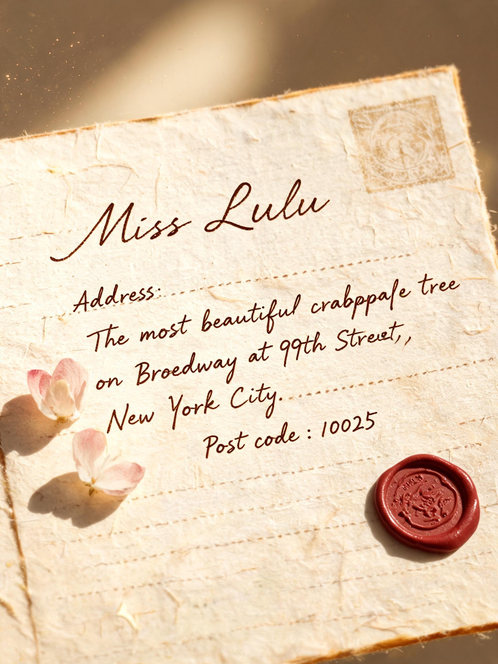 "Miss Lulu,   Address:  The most beautiful crabapple tree 
on Broadway at 99th Street, New York City.
Post code：10025" — Handwritten Script text effect