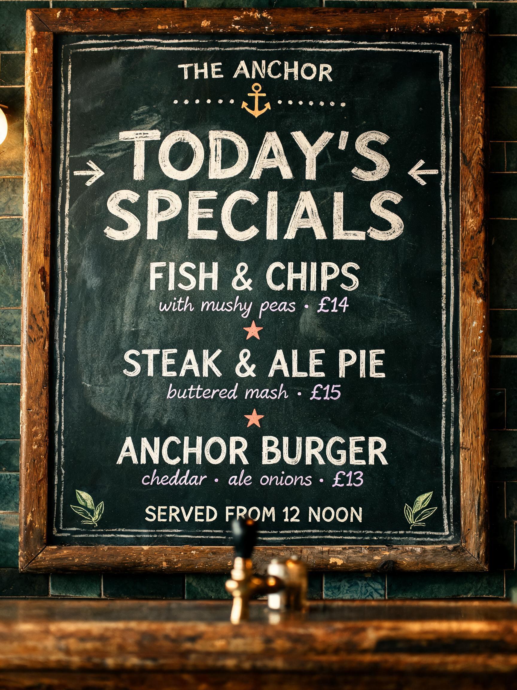 "THE ANCHOR
TODAY'S SPECIALS
FISH & CHIPS
with mushy peas · £14
STEAK & ALE PIE
buttered mash · £15
ANCHOR BURGER
cheddar · ale onions · £13
SERVED FROM 12 NOON" — Chalk text effect