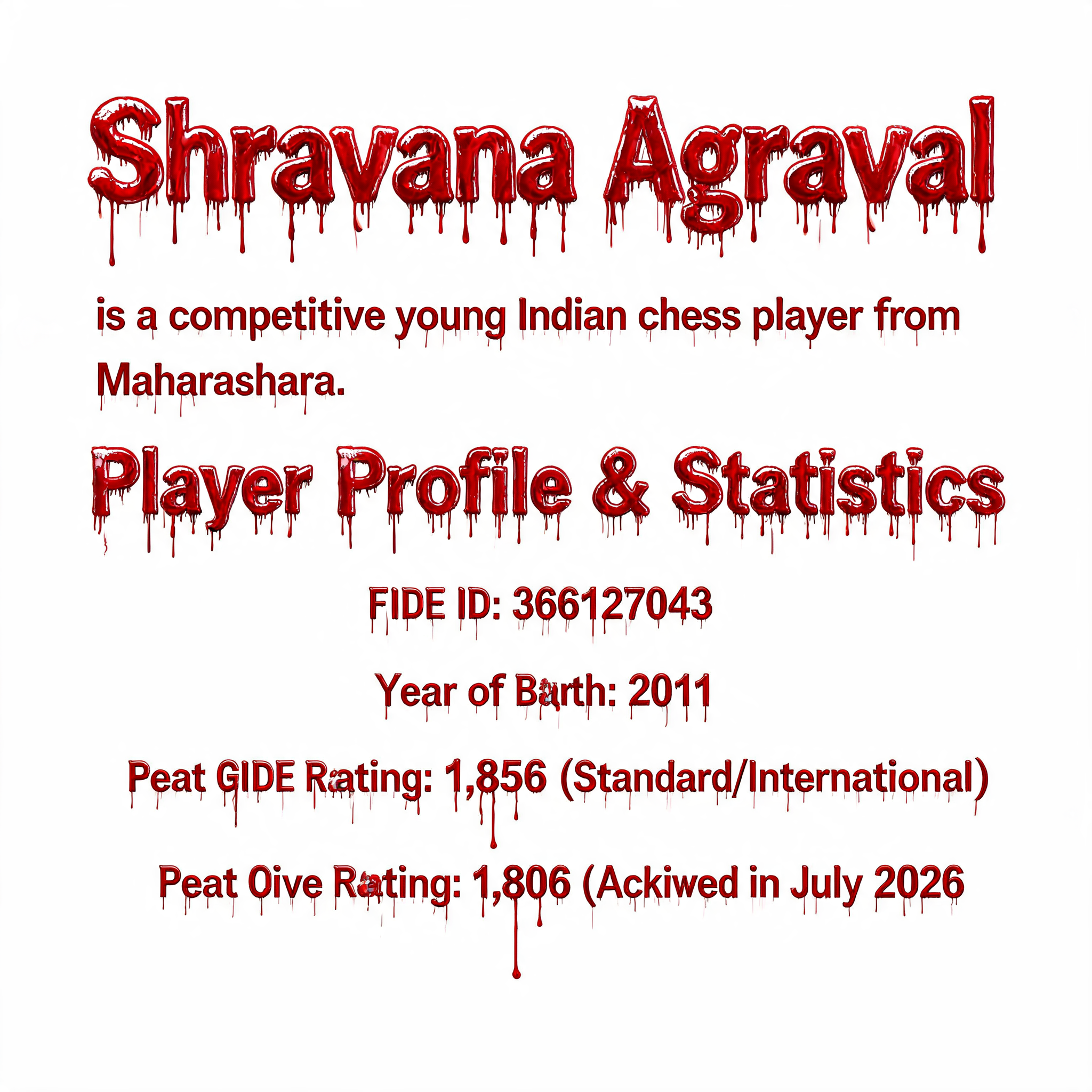 "Shravana Agraval is a competitive young Indian chess player from Maharashtra.Player Profile & StatisticsFIDE ID: 366127043Year of Birth: 2011Peak FIDE Rating: 1,856 (Standard/International)Peak Live Rating: 1,806 (Achieved in July 2026)" — Drip Font Blood | AI Text Effect Generator