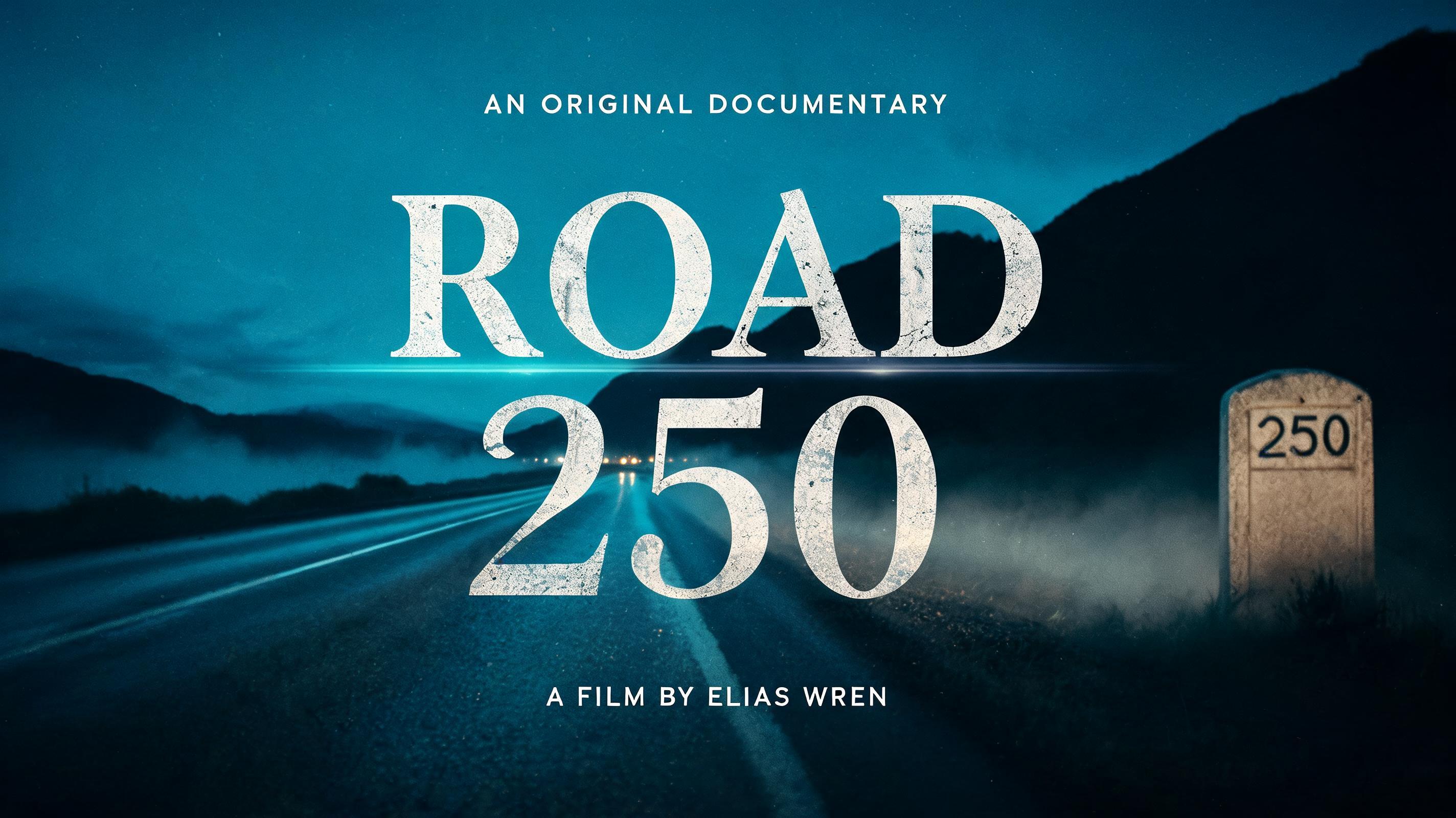 "ROAD
250
AN ORIGINAL DOCUMENTARY
A FILM BY ELIAS WREN" — Cinematic Netflix | AI Text Effect Generator