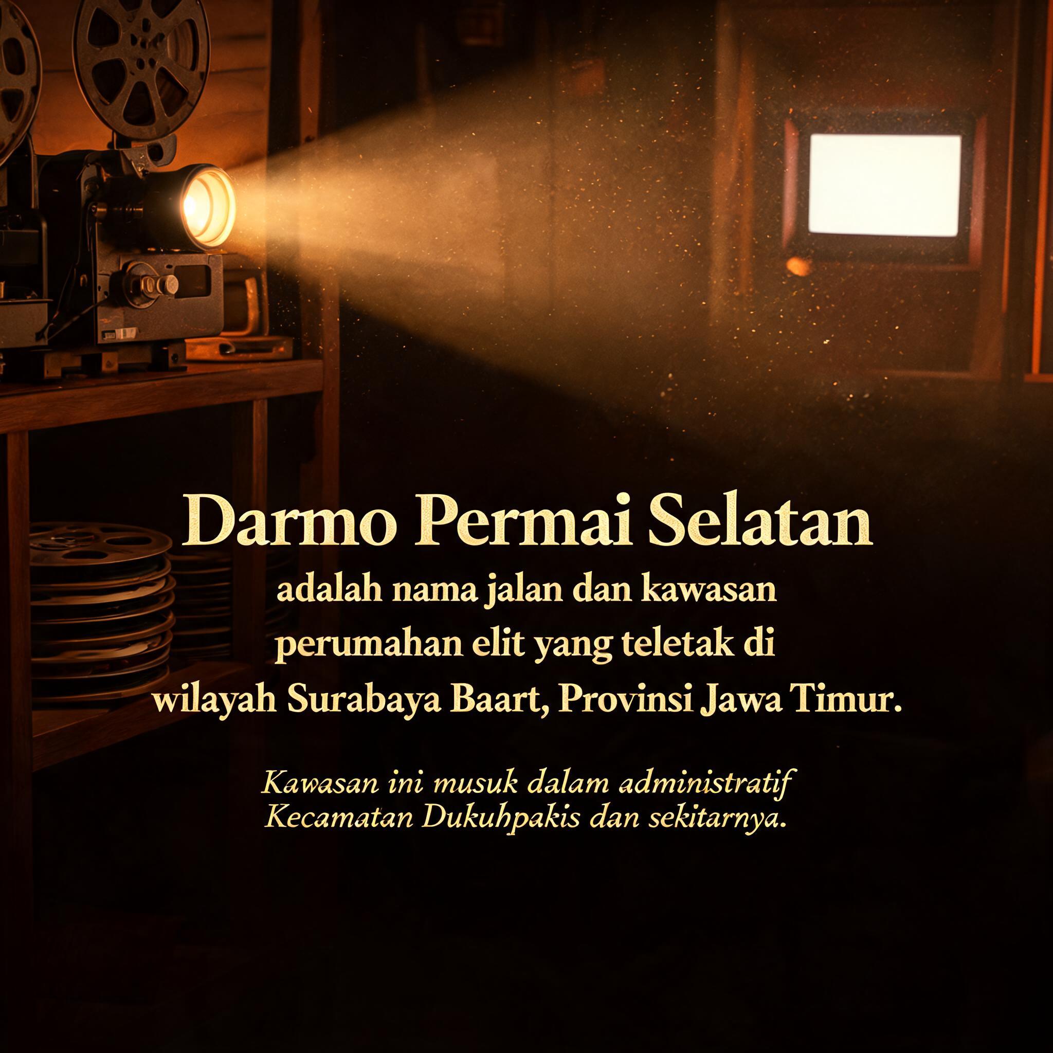 "Darmo Permai Selatan adalah nama jalan dan kawasan perumahan elit yang terletak di wilayah Surabaya Barat, Provinsi Jawa Timur. Kawasan ini masuk dalam administratif Kecamatan Dukuhpakis dan sekitarnya." — Cinematic | AI Text Effect Generator