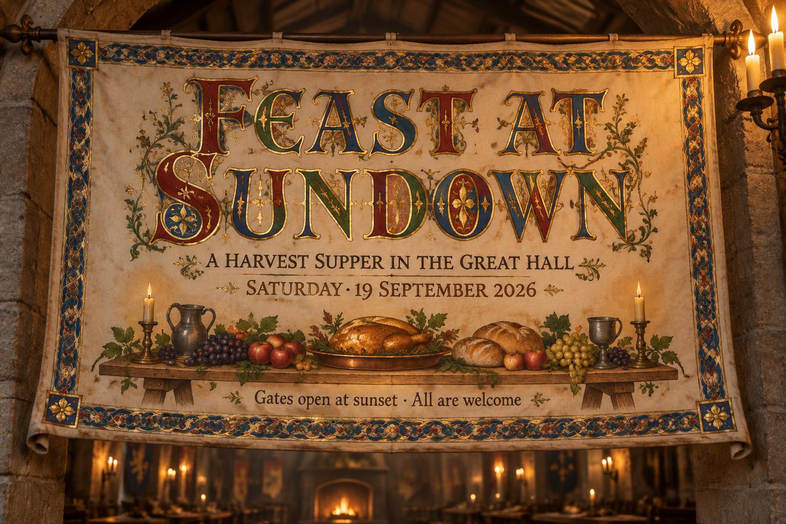 "FEAST AT SUNDOWN
A HARVEST SUPPER IN THE GREAT HALL
SATURDAY · 19 SEPTEMBER 2026
Gates open at sunset · All are welcome" — Medieval | AI Text Effect Generator