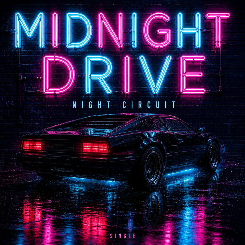 "MIDNIGHT DRIVE
NIGHT CIRCUIT
SINGLE" — neon glow text effect