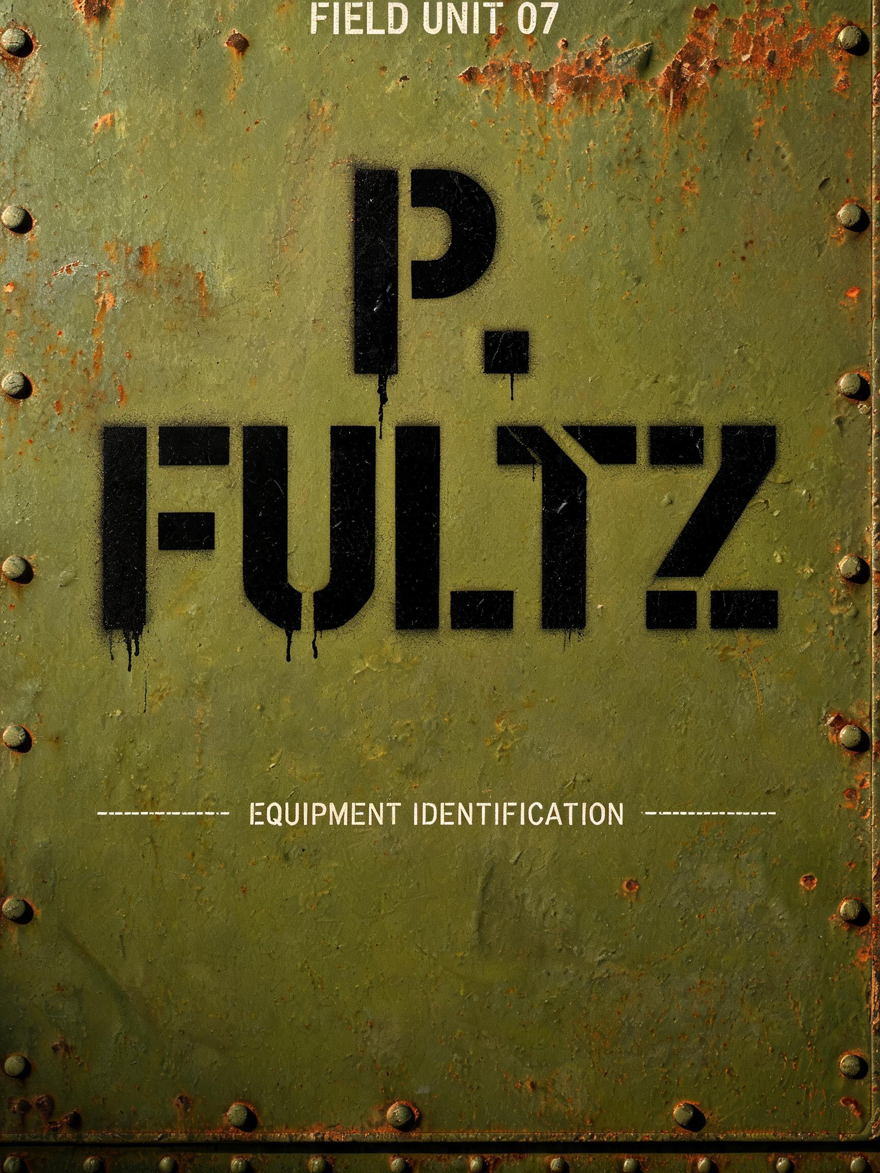"P. FULTZ
FIELD UNIT 07
EQUIPMENT IDENTIFICATION" — Stencil text effect
