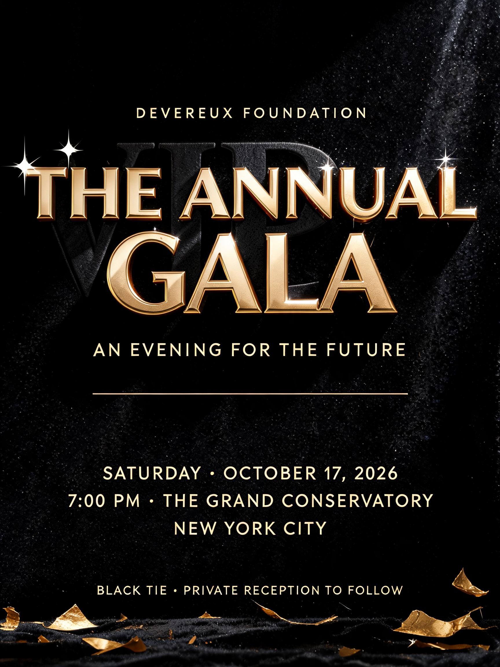 DEVEREUX FOUNDATION
THE ANNUAL
GALA
AN EVENING FOR THE FUTURE
SATURDAY · OCTOBER 17, 2026
7:00 PM · THE GRAND CONSERVATORY
NEW YORK CITY
BLACK TIE · PRIVATE RECEPTION TO FOLLOW
