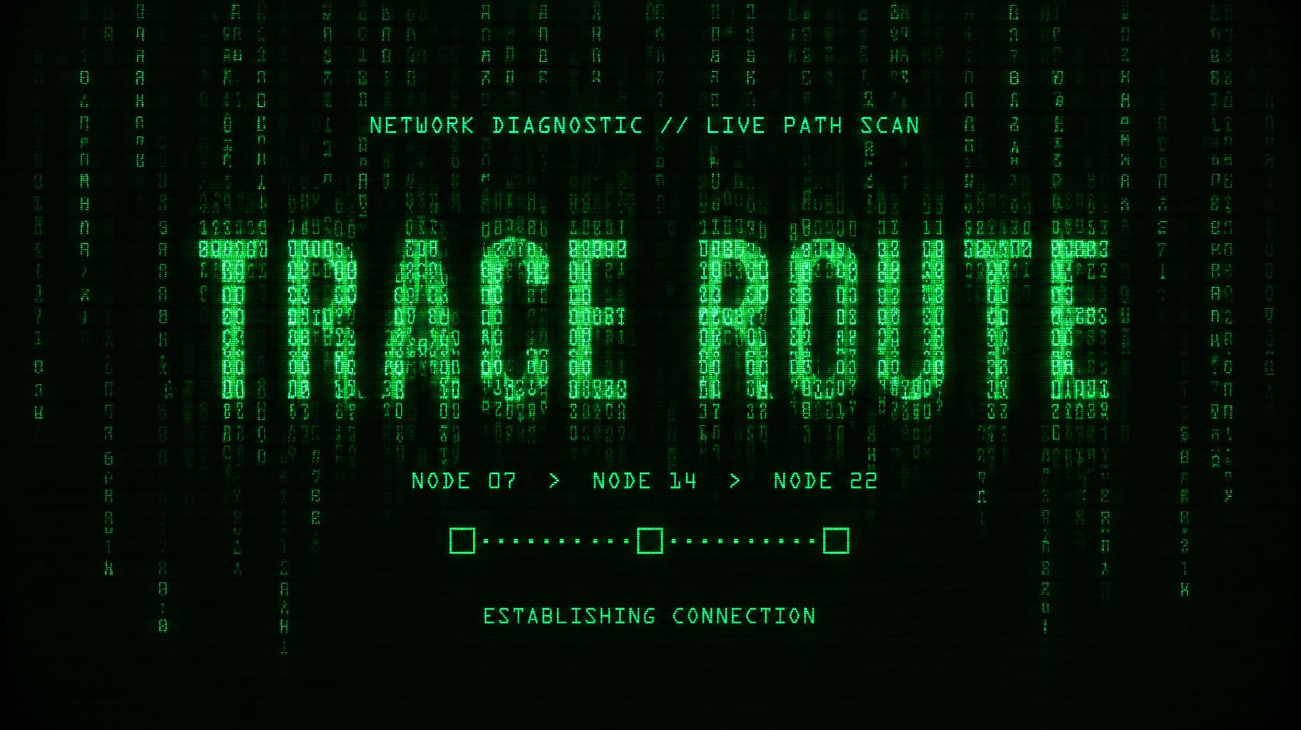 "TRACE ROUTE
NETWORK DIAGNOSTIC // LIVE PATH SCAN
NODE 07  >  NODE 14  >  NODE 22
ESTABLISHING CONNECTION" — Cyberpunk Data Stream | AI Text Effect Generator