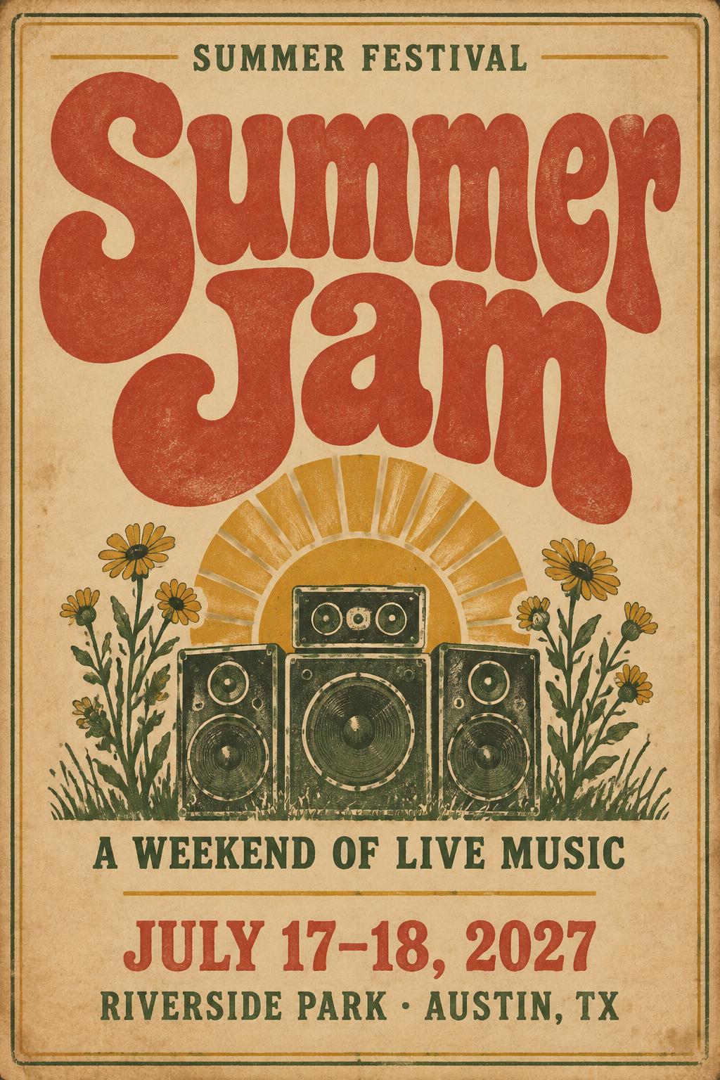 "SUMMER FESTIVAL
Summer Jam
A WEEKEND OF LIVE MUSIC
JULY 17–18, 2027
RIVERSIDE PARK · AUSTIN, TX" — Vintage | AI Text Effect Generator