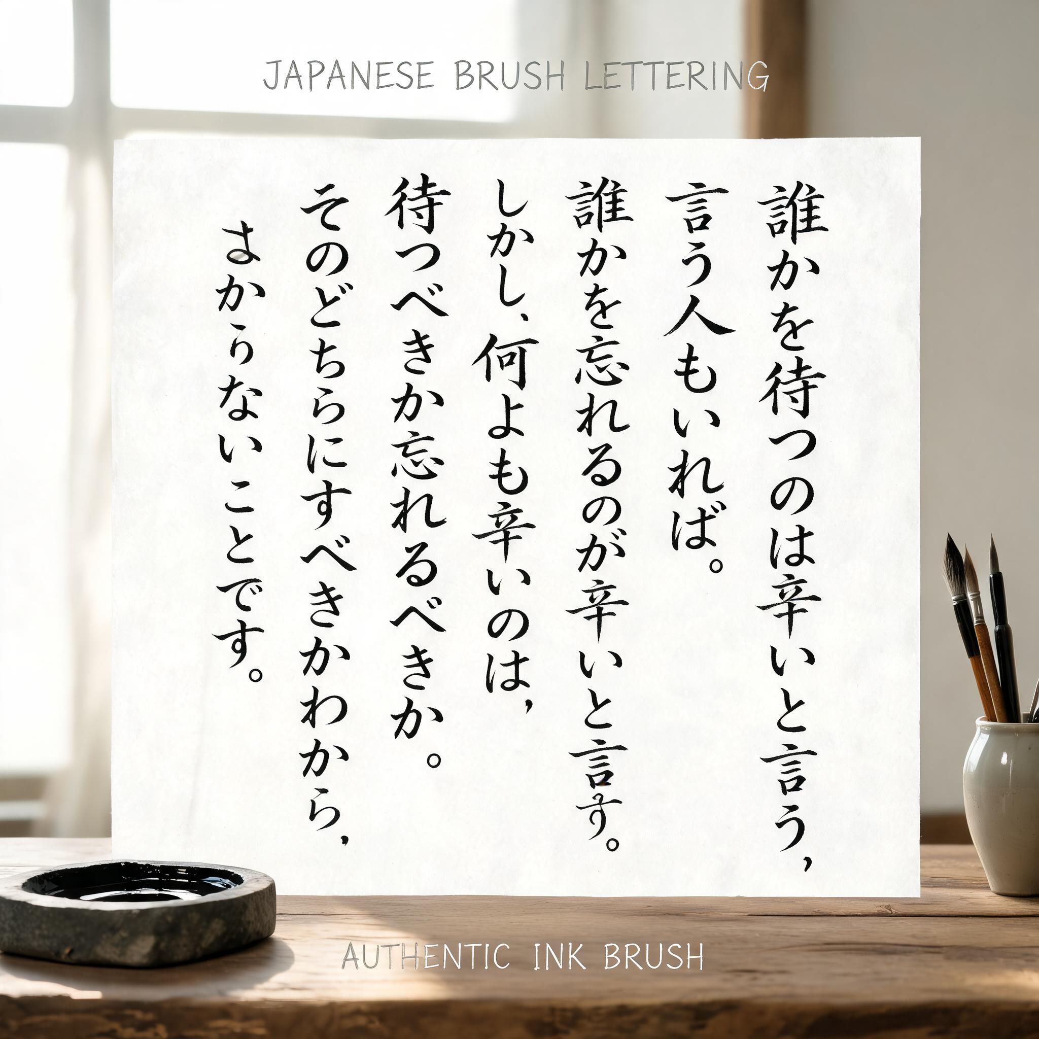 "誰かを待つのは辛いと言う人もいれば、誰かを忘れるのが辛いと言う人もいます。しかし、何よりも辛いのは、待つべきか忘れるべきか、そのどちらにすべきかわからないことです。" — Brush Japanese Ink | AI Text Effect Generator
