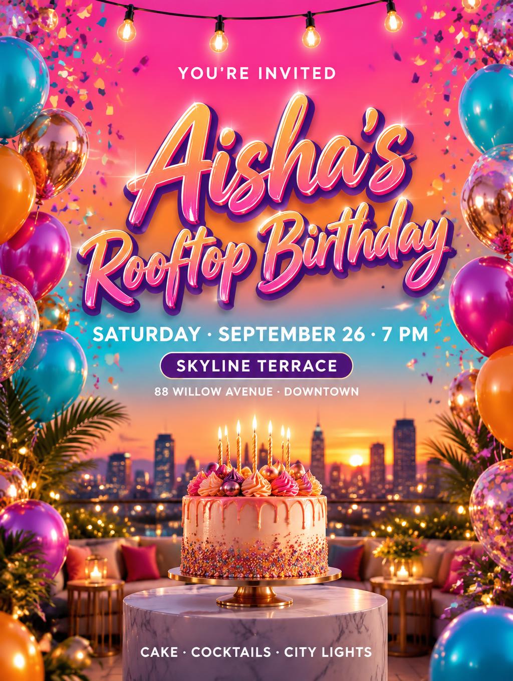 "Aisha's
Rooftop Birthday
YOU'RE INVITED
SATURDAY · SEPTEMBER 26 · 7 PM
SKYLINE TERRACE
88 WILLOW AVENUE · DOWNTOWN
CAKE · COCKTAILS · CITY LIGHTS" — Birthday | AI Text Effect Generator
