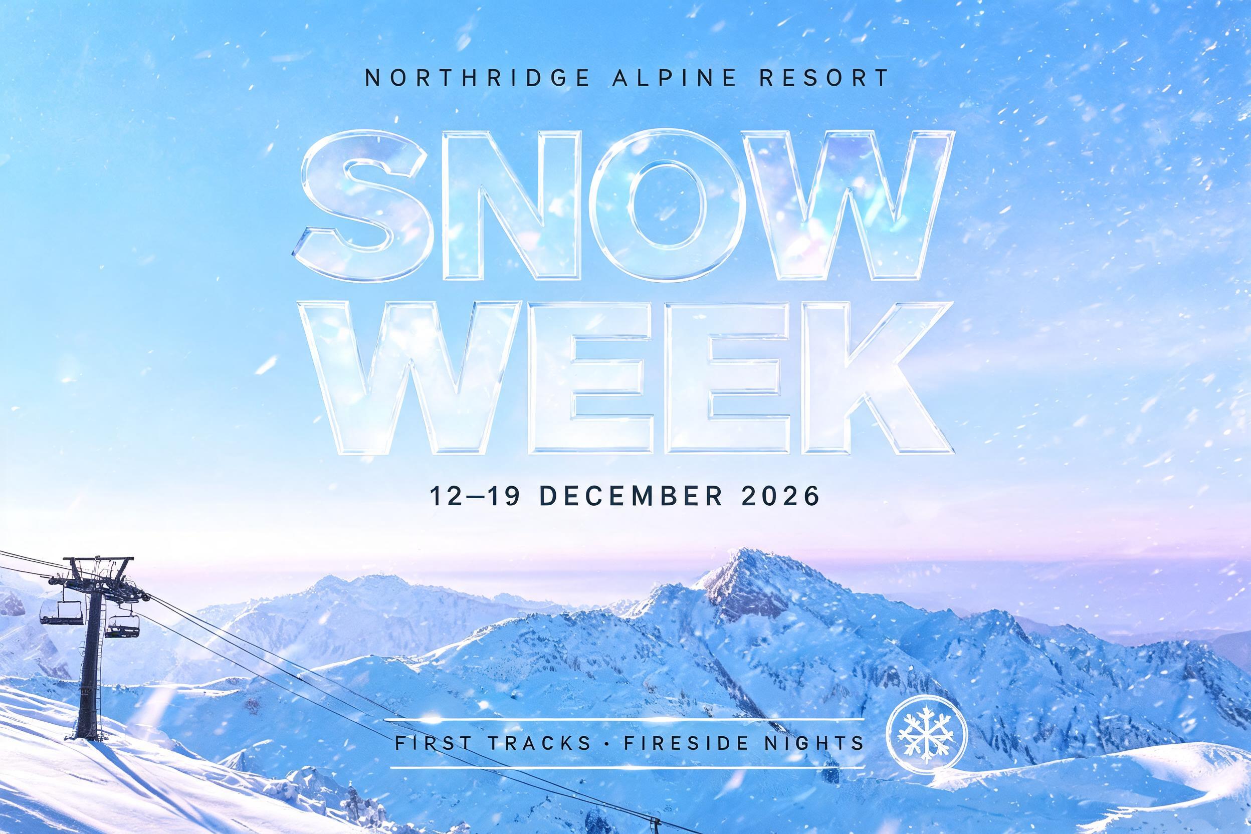"SNOW WEEK
NORTHRIDGE ALPINE RESORT
12–19 DECEMBER 2026
FIRST TRACKS · FIRESIDE NIGHTS" — Glass | AI Text Effect Generator