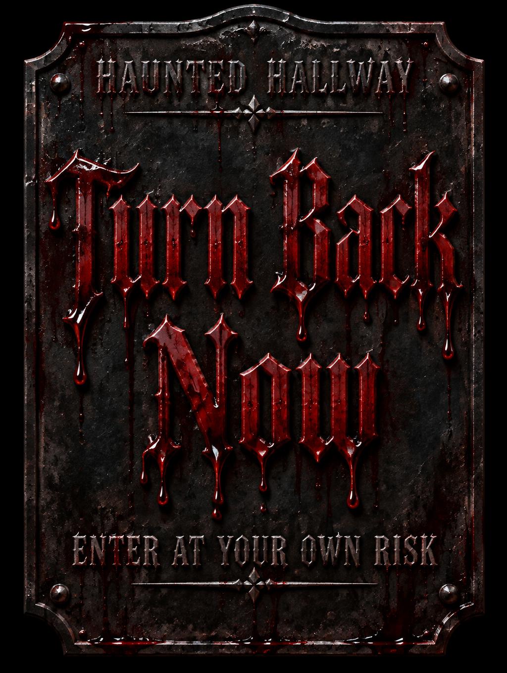 "Turn Back Now
HAUNTED HALLWAY
ENTER AT YOUR OWN RISK" — Drip Font Blood | AI Text Effect Generator