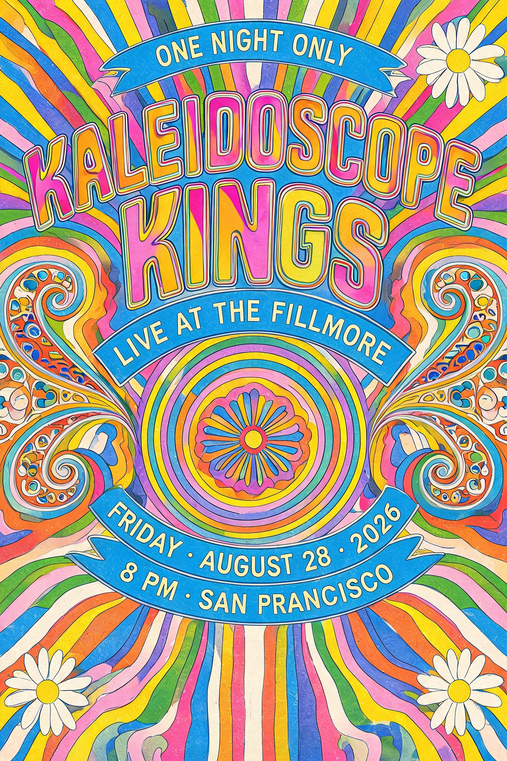 "Give me a gig poster for the jam band Kaleidoscope Kings at The Fillmore" — Psychedelic text effect