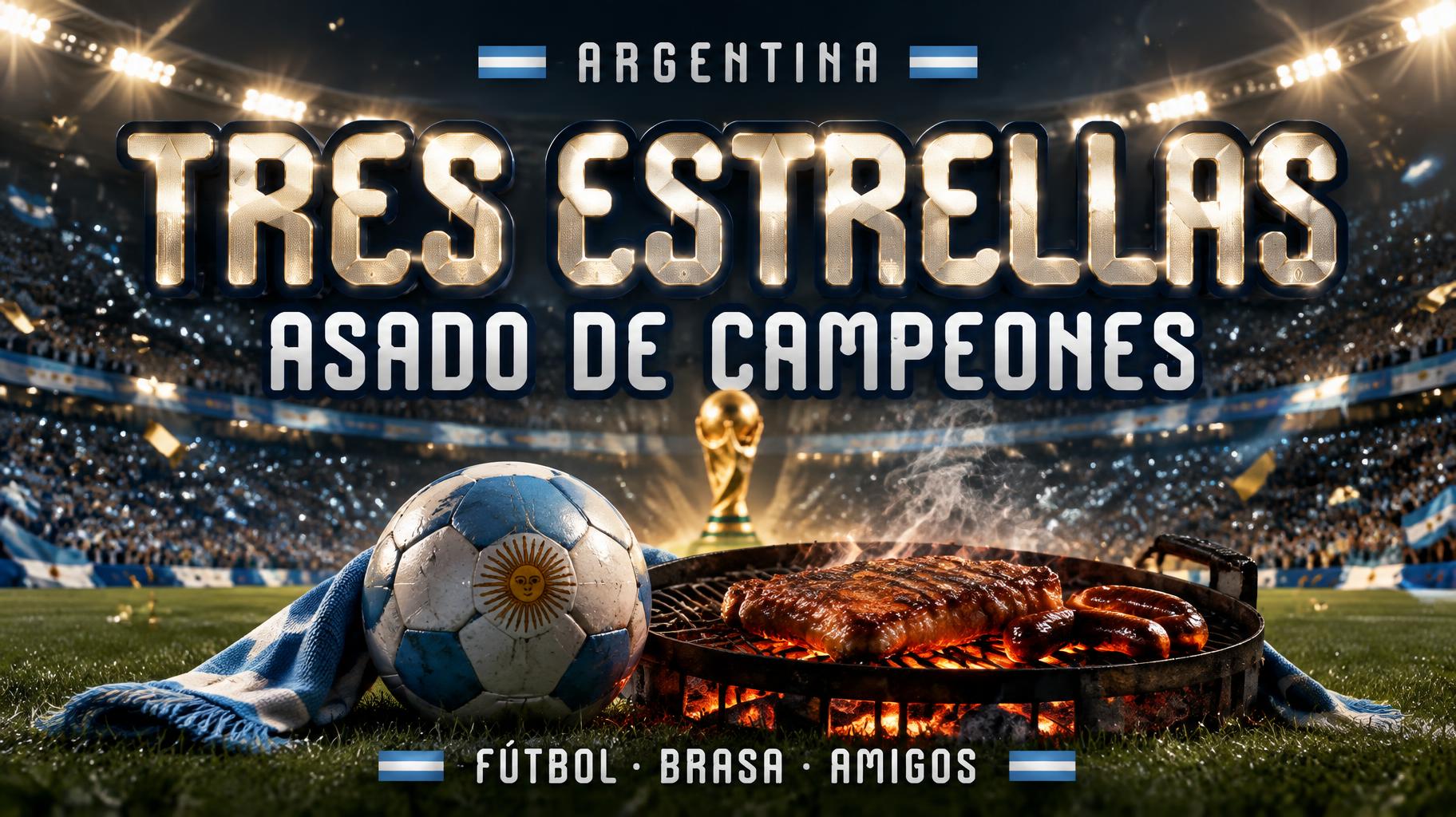 "TRES ESTRELLAS
ASADO DE CAMPEONES
ARGENTINA
FÚTBOL · BRASA · AMIGOS" — Sports Football | AI Text Effect Generator