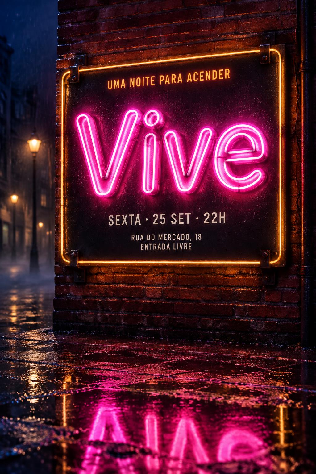 "Vive
UMA NOITE PARA ACENDER
SEXTA · 25 SET · 22H
RUA DO MERCADO, 18
ENTRADA LIVRE" — Neon Sign | AI Text Effect Generator