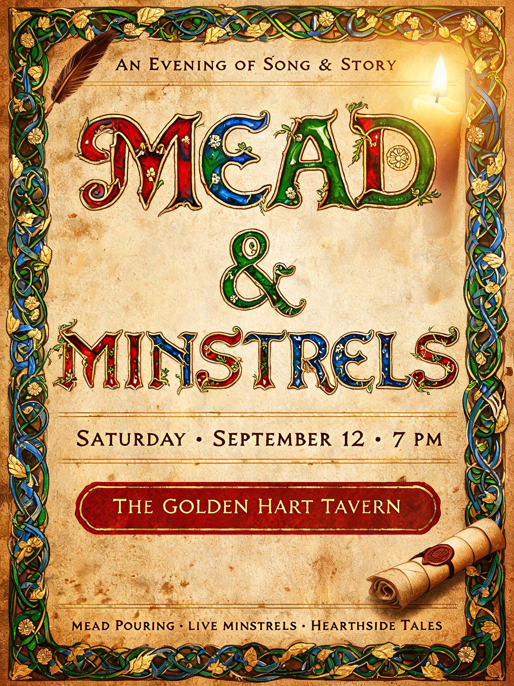 MEAD
& MINSTRELS
AN EVENING OF SONG & STORY
SATURDAY · SEPTEMBER 12 · 7 PM
THE GOLDEN HART TAVERN
MEAD POURING · LIVE MINSTRELS · HEARTHSIDE TALES