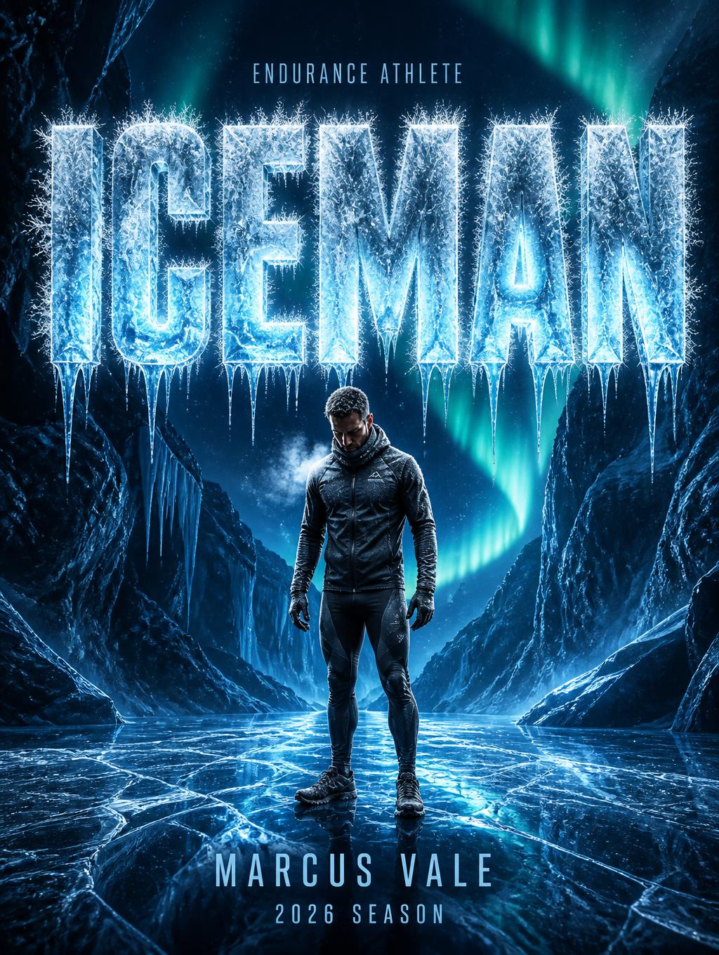 "ICEMAN
ENDURANCE ATHLETE
MARCUS VALE
2026 SEASON" — Glass Frozen text effect