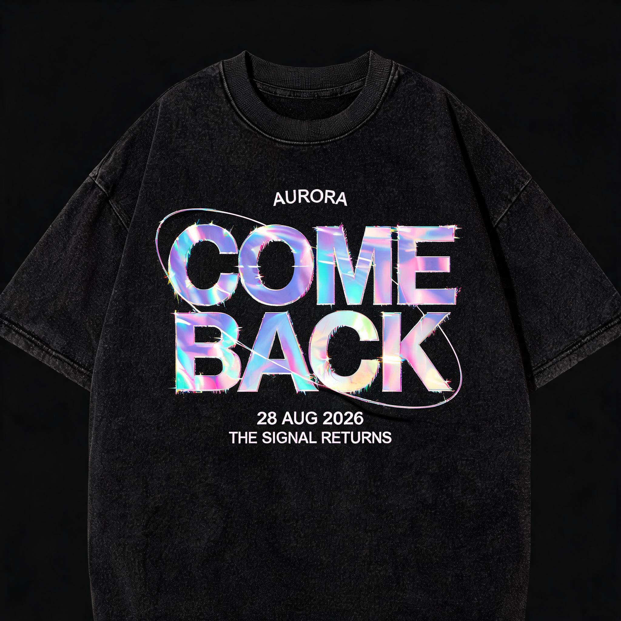 "Design K-pop fan merch that says COMEBACK for the group Aurora" — Holographic | AI Text Effect Generator