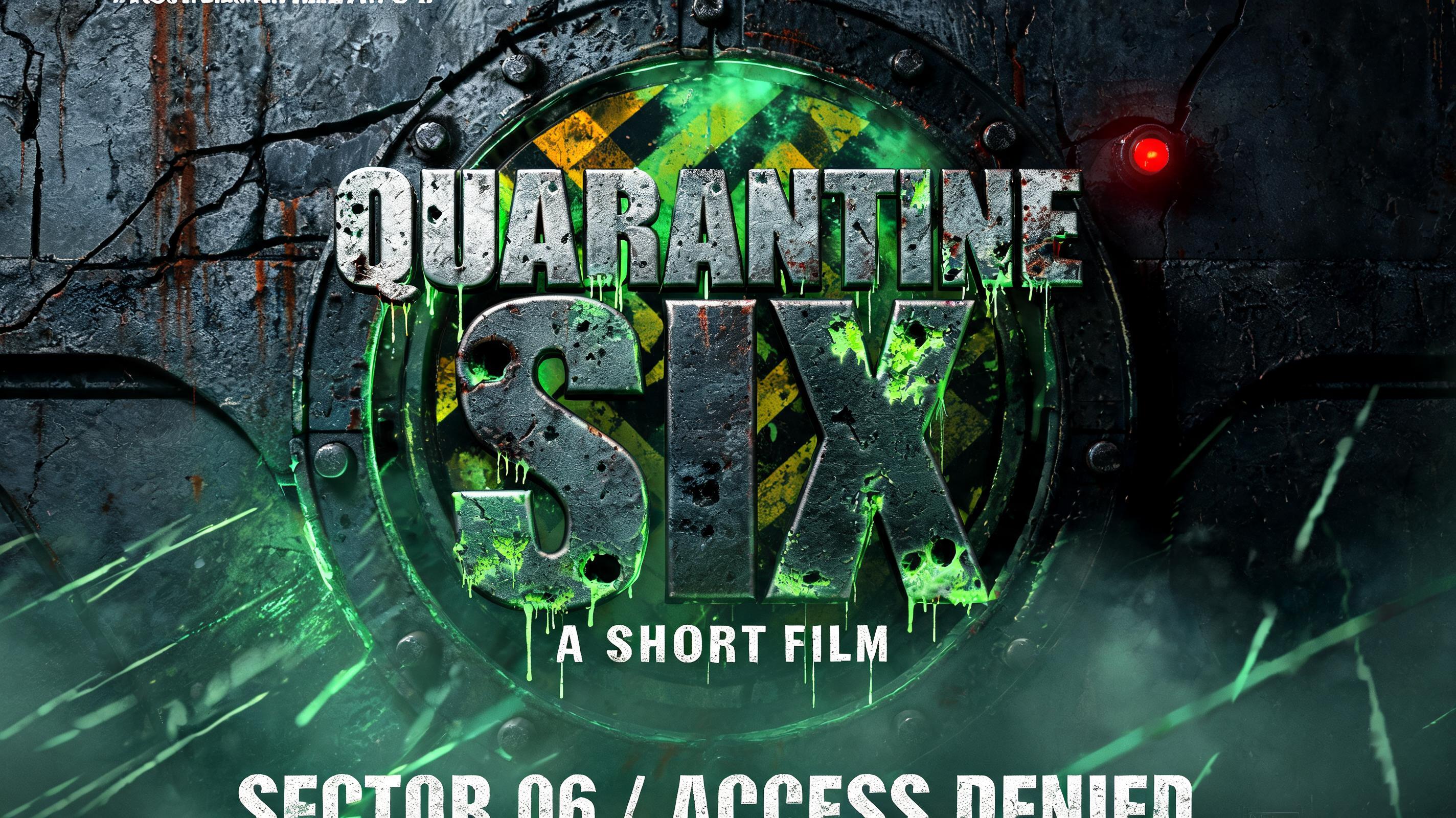 "QUARANTINE
SIX
BIOHAZARD // RESTRICTED AREA
A SHORT FILM
SECTOR 06 // ACCESS DENIED" — Cyberpunk Acid Rain text effect