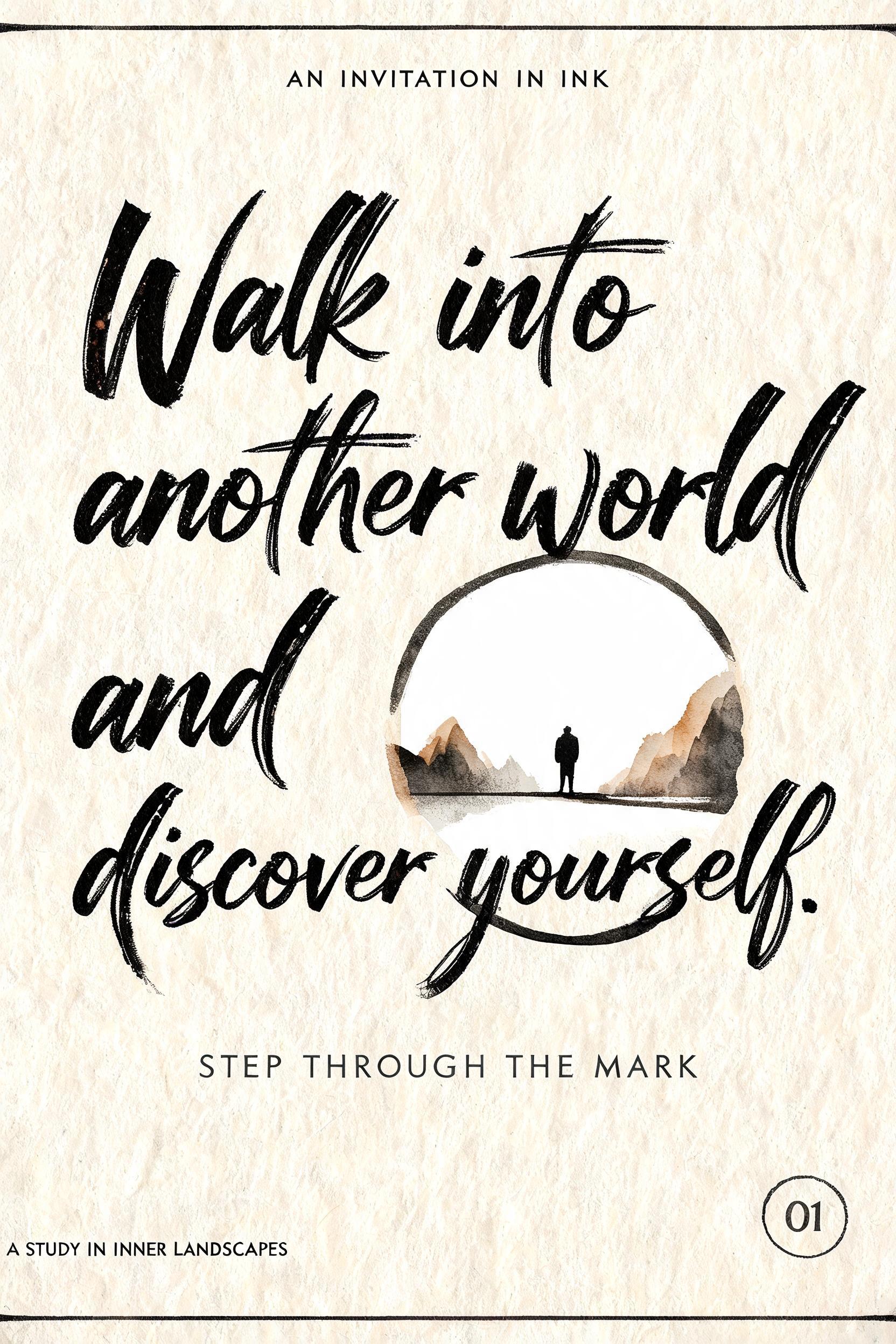 Walk into
another world
and discover yourself.
AN INVITATION IN INK
STEP THROUGH THE MARK
A STUDY IN INNER LANDSCAPES
01