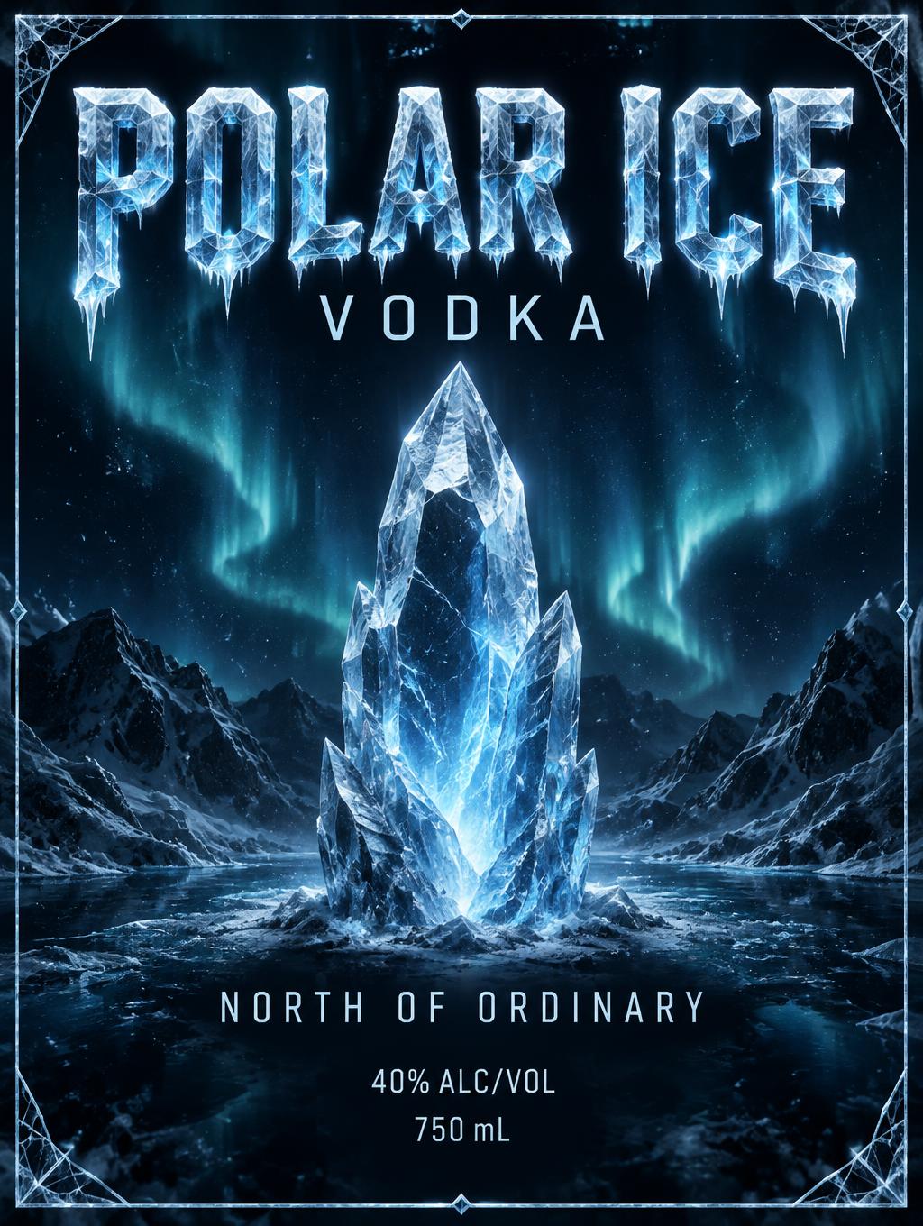 "POLAR ICE
VODKA
NORTH OF ORDINARY
40% ALC/VOL
750 mL" — Glass Frozen | AI Text Effect Generator