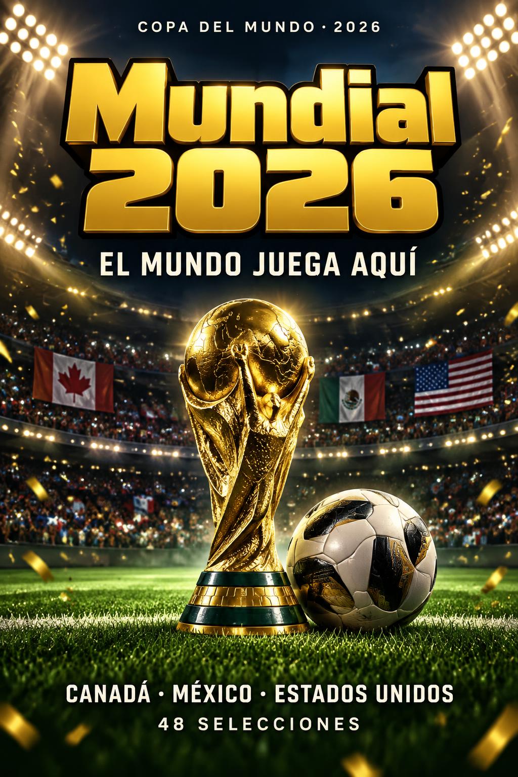 "Mundial 2026
EL MUNDO JUEGA AQUÍ
CANADÁ · MÉXICO · ESTADOS UNIDOS
48 SELECCIONES
COPA DEL MUNDO · 2026" — Sports Football | AI Text Effect Generator