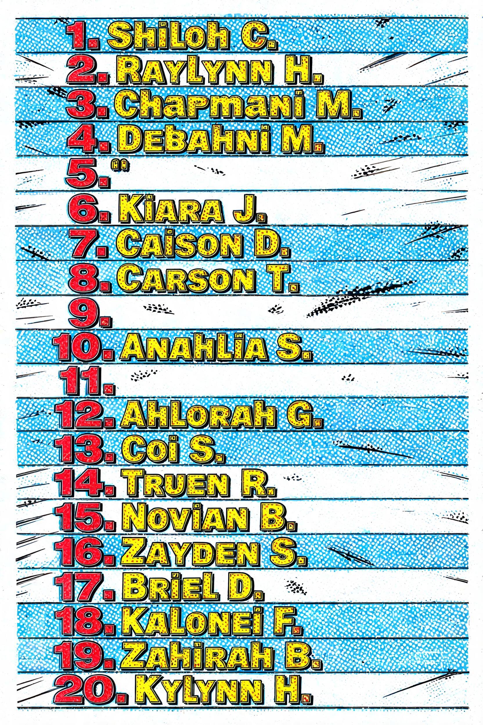 "1. Shiloh C
2. Raylynn H.
3. Charmani M.
4. Debahni M.
5.
6. Kiara J.
7. Caison D.
8. Carson T.
9.
10. Anahlia S.
11. 
12. Ahlorah G.
13. Coi S.
14. Truen R.
15. Novian B.
16. Zayden S. 
17. Briel D.
18.  Kalonei F.
19. Zahirah B.
20. Kylynn H.
" — Comic Book | AI Text Effect Generator