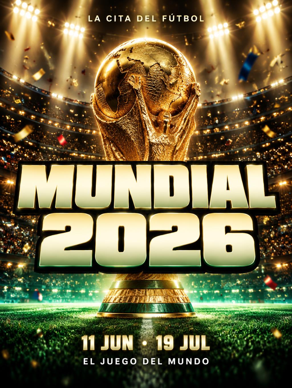 "MUNDIAL
2026
LA CITA DEL FÚTBOL
11 JUN · 19 JUL
EL JUEGO DEL MUNDO" — Sports Football | AI Text Effect Generator