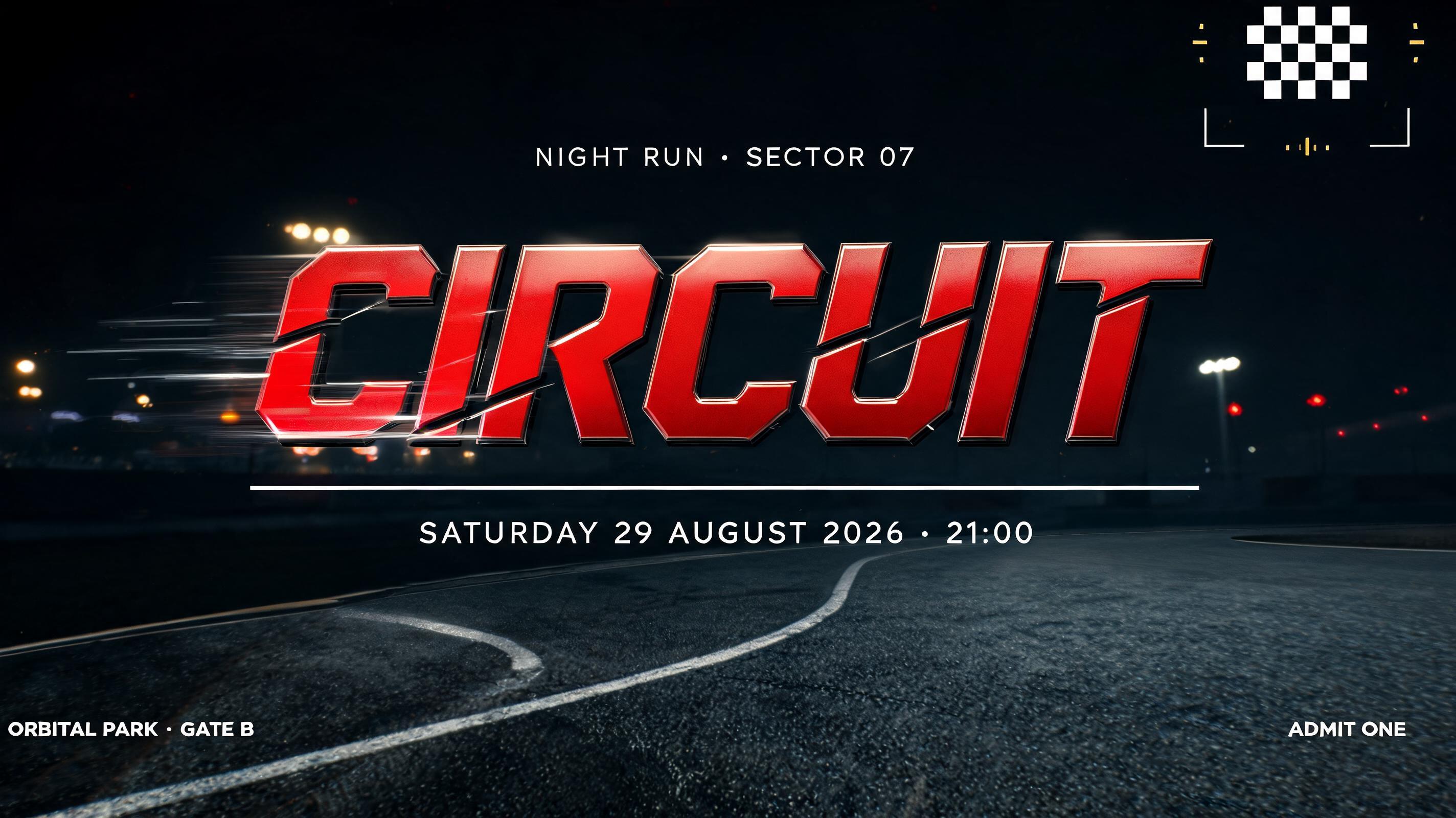 "CIRCUIT
NIGHT RUN · SECTOR 07
SATURDAY 29 AUGUST 2026 · 21:00
ORBITAL PARK · GATE B
ADMIT ONE" — Racing text effect