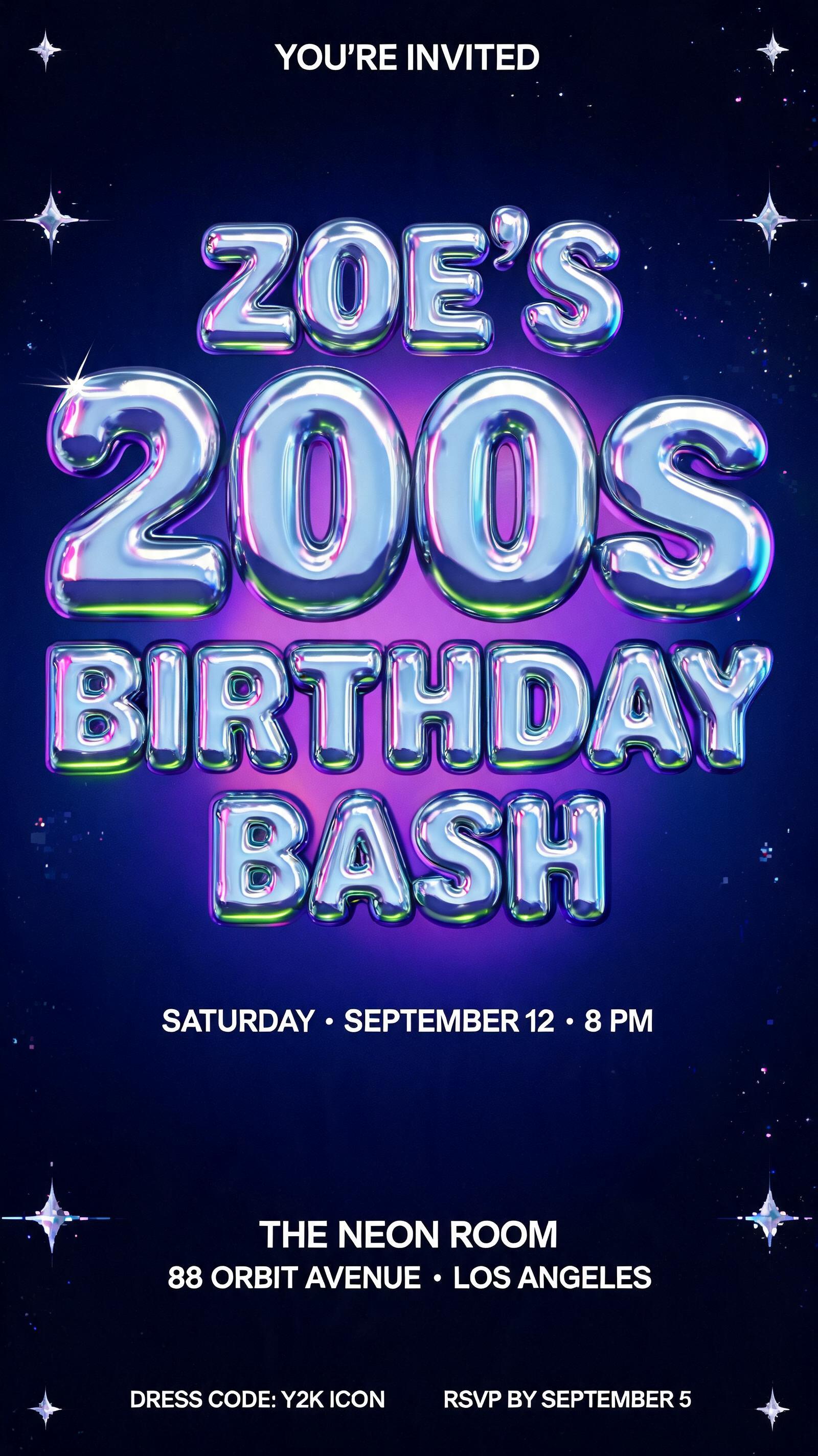 "Give me a birthday invite for Zoe's 2000s-themed party" — Y2k | AI Text Effect Generator