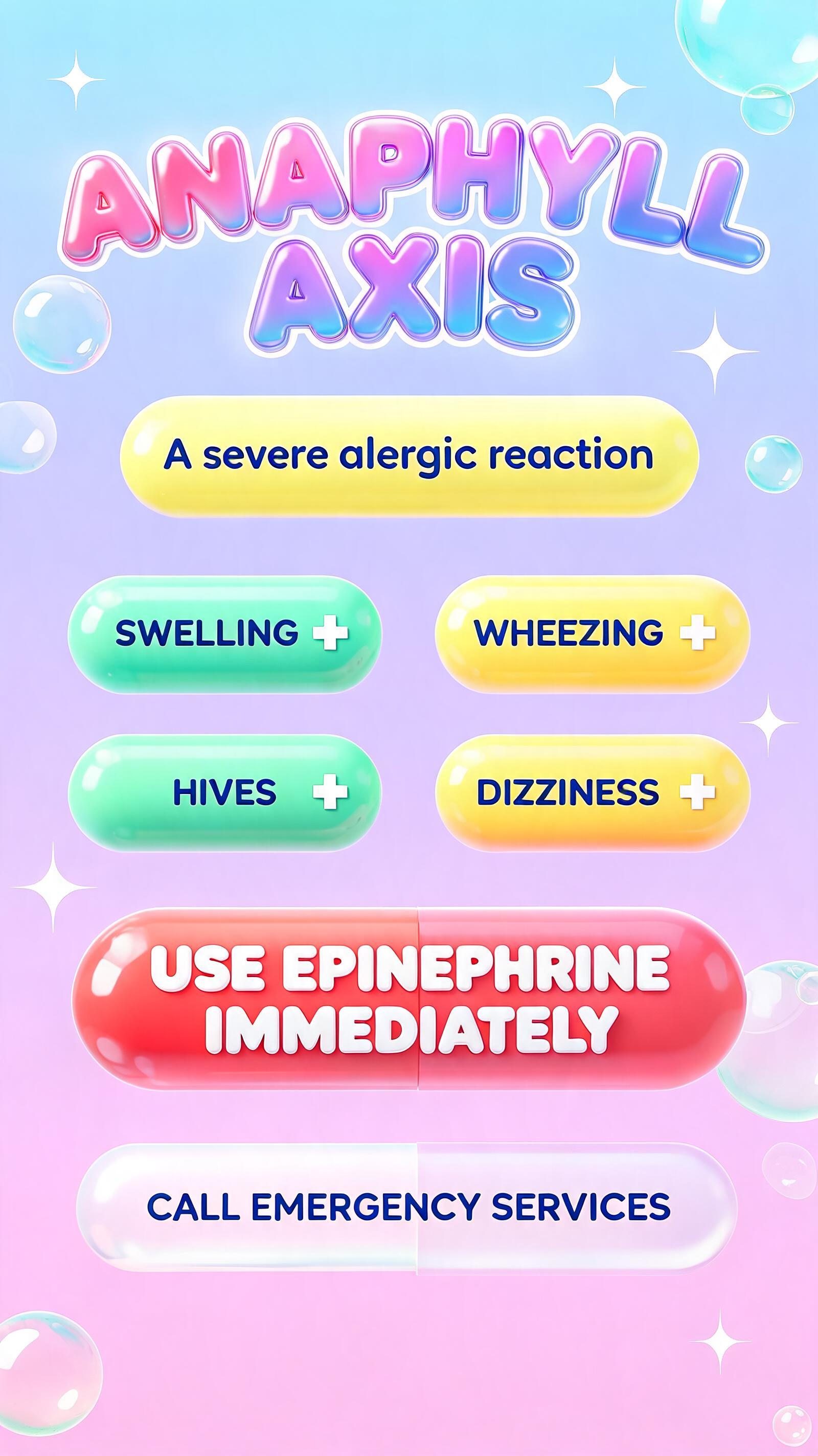 ANAPHYLAXIS
A severe allergic reaction
SWELLING · WHEEZING · HIVES · DIZZINESS
USE EPINEPHRINE IMMEDIATELY
CALL EMERGENCY SERVICES