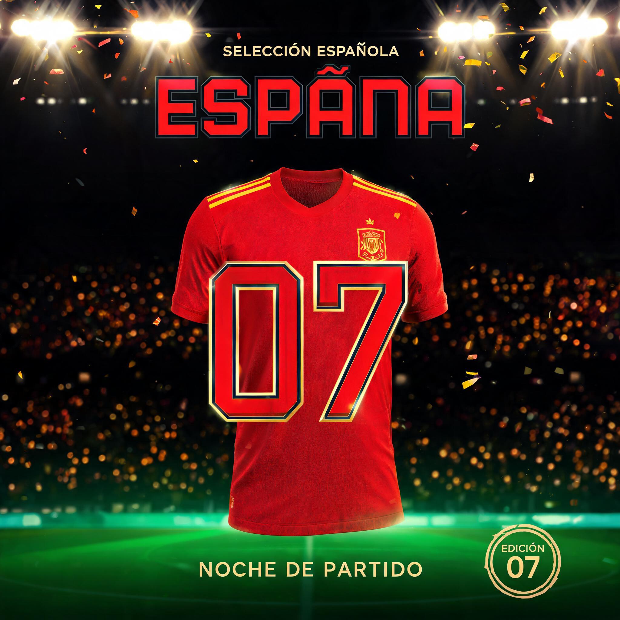 "ESPAÑA
07
SELECCIÓN ESPAÑOLA
NOCHE DE PARTIDO
EDICIÓN 07" — Sports Football | AI Text Effect Generator