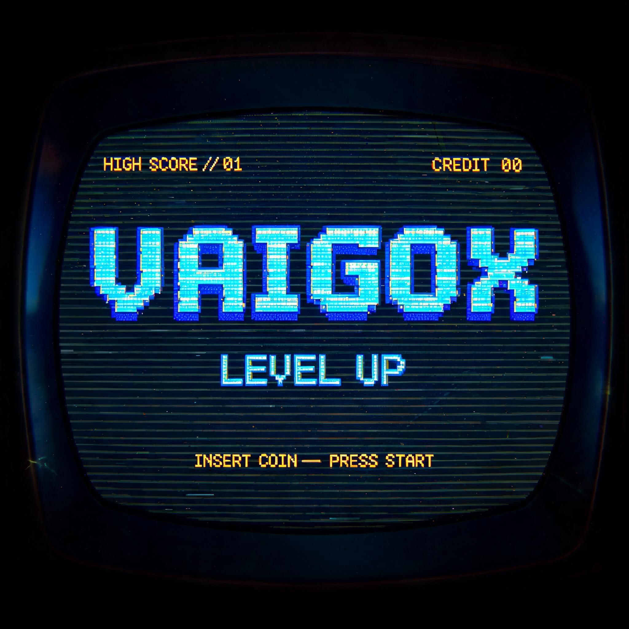 "VAIGOX
HIGH SCORE // 01
CREDIT 00
LEVEL UP
INSERT COIN — PRESS START" — Pixel Art text effect