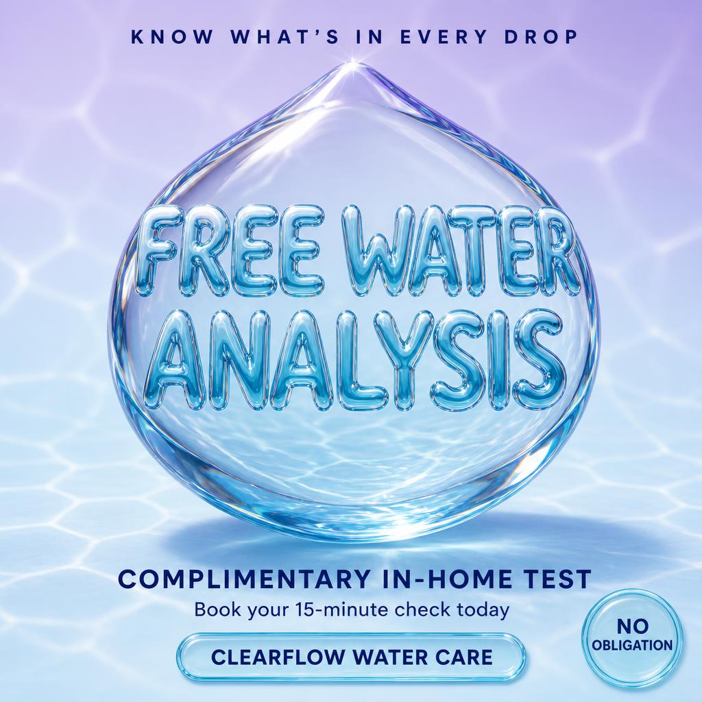 "FREE WATER
ANALYSIS
KNOW WHAT’S IN EVERY DROP
COMPLIMENTARY IN-HOME TEST
Book your 15-minute check today
CLEARFLOW WATER CARE
NO OBLIGATION" — Glass Liquid text effect