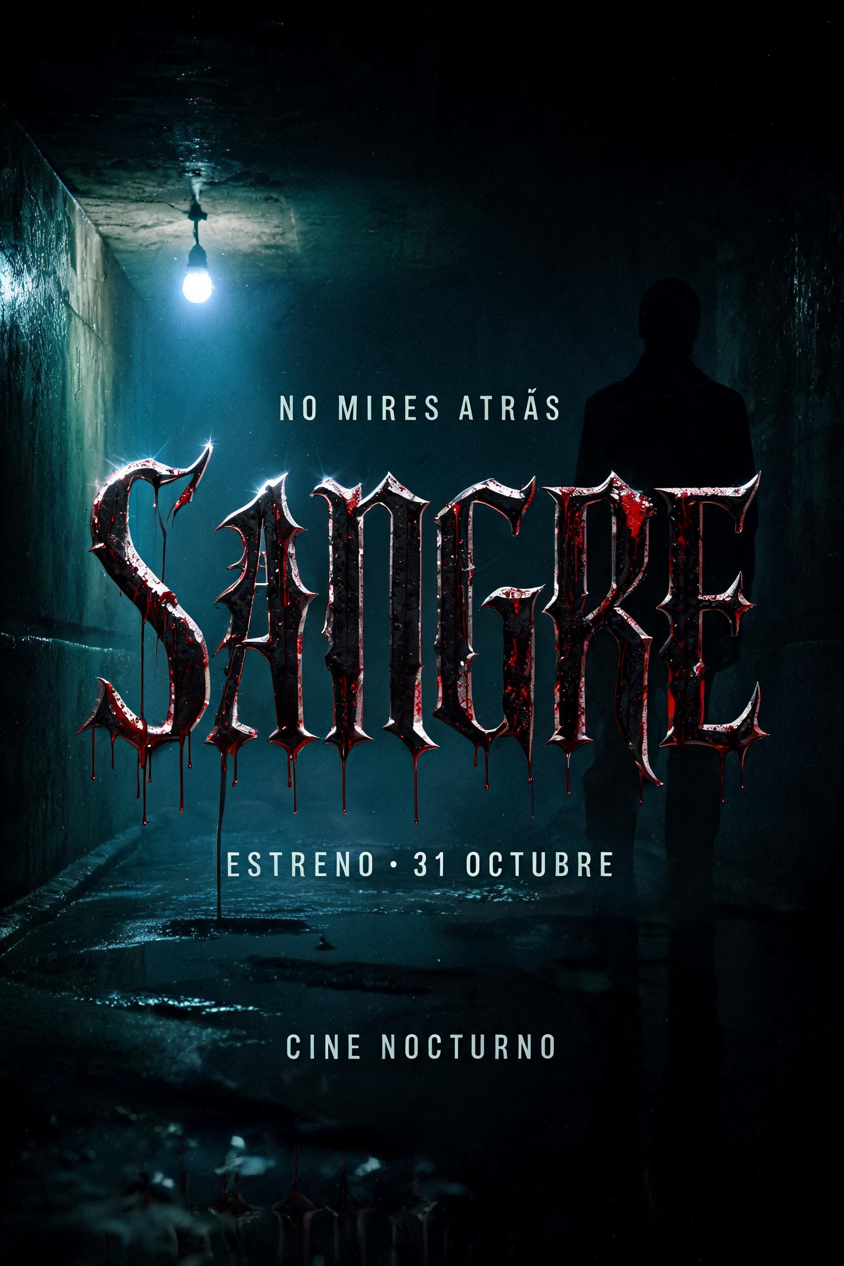 "Sangre
NO MIRES ATRÁS
ESTRENO · 31 OCTUBRE
CINE NOCTURNO" — Cinematic Horror | AI Text Effect Generator