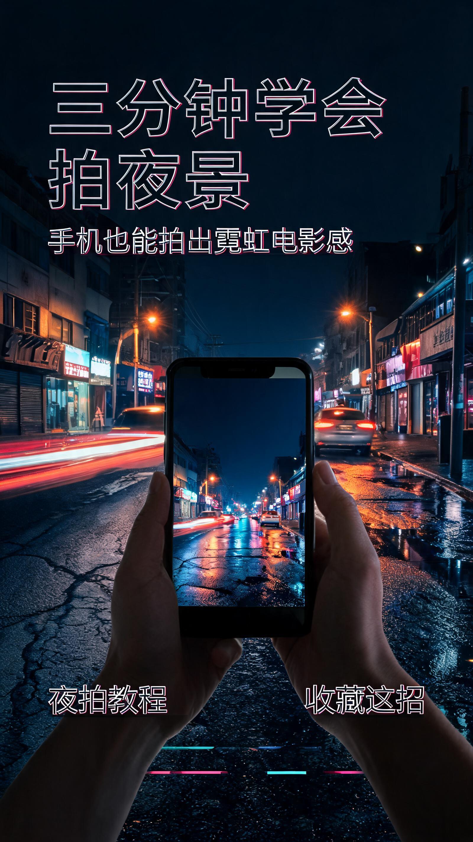 "三分钟学会拍夜景
手机也能拍出霓虹电影感
夜拍教程
收藏这招" — 写实雨夜街拍 | AI Text Effect Generator