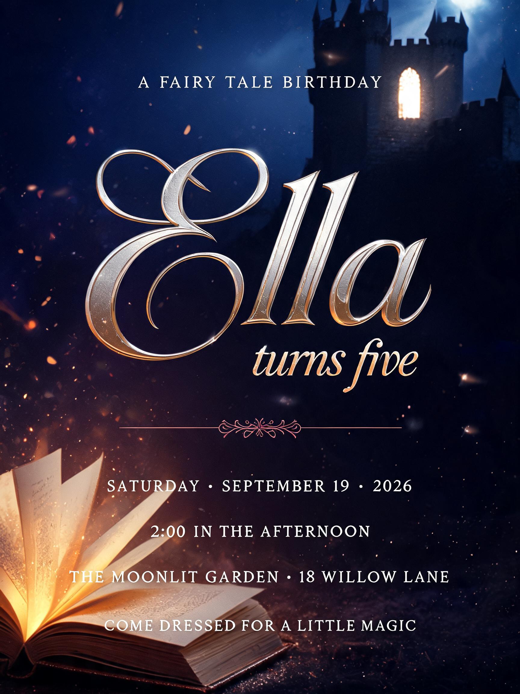 "A FAIRY TALE BIRTHDAY
Ella
turns five
SATURDAY · SEPTEMBER 19 · 2026
2:00 IN THE AFTERNOON
THE MOONLIT GARDEN · 18 WILLOW LANE
COME DRESSED FOR A LITTLE MAGIC" — Fairy Tale | AI Text Effect Generator
