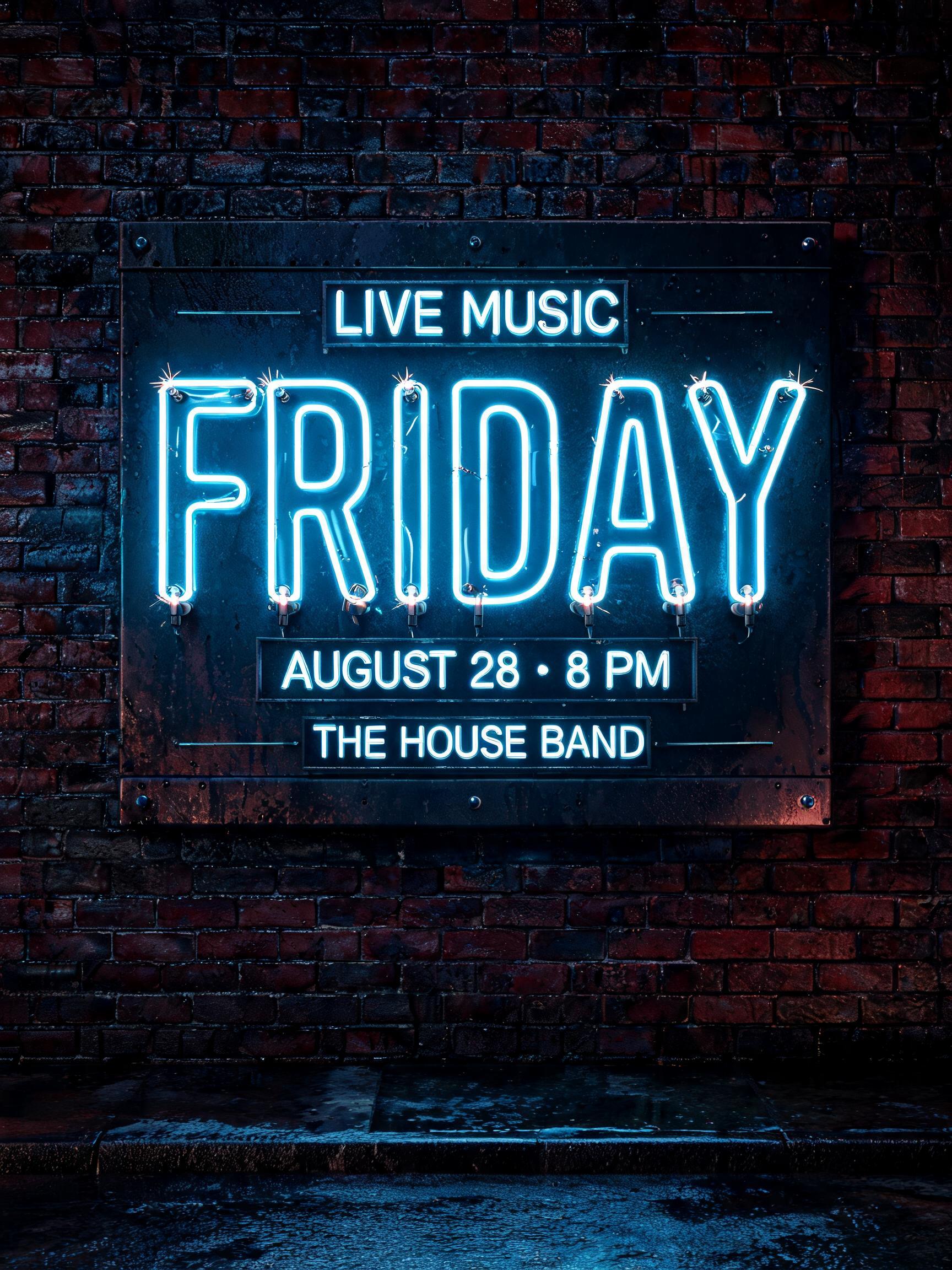 "Design a glowing sign reading Live Music Friday for our board" — Neon Sign | AI Text Effect Generator