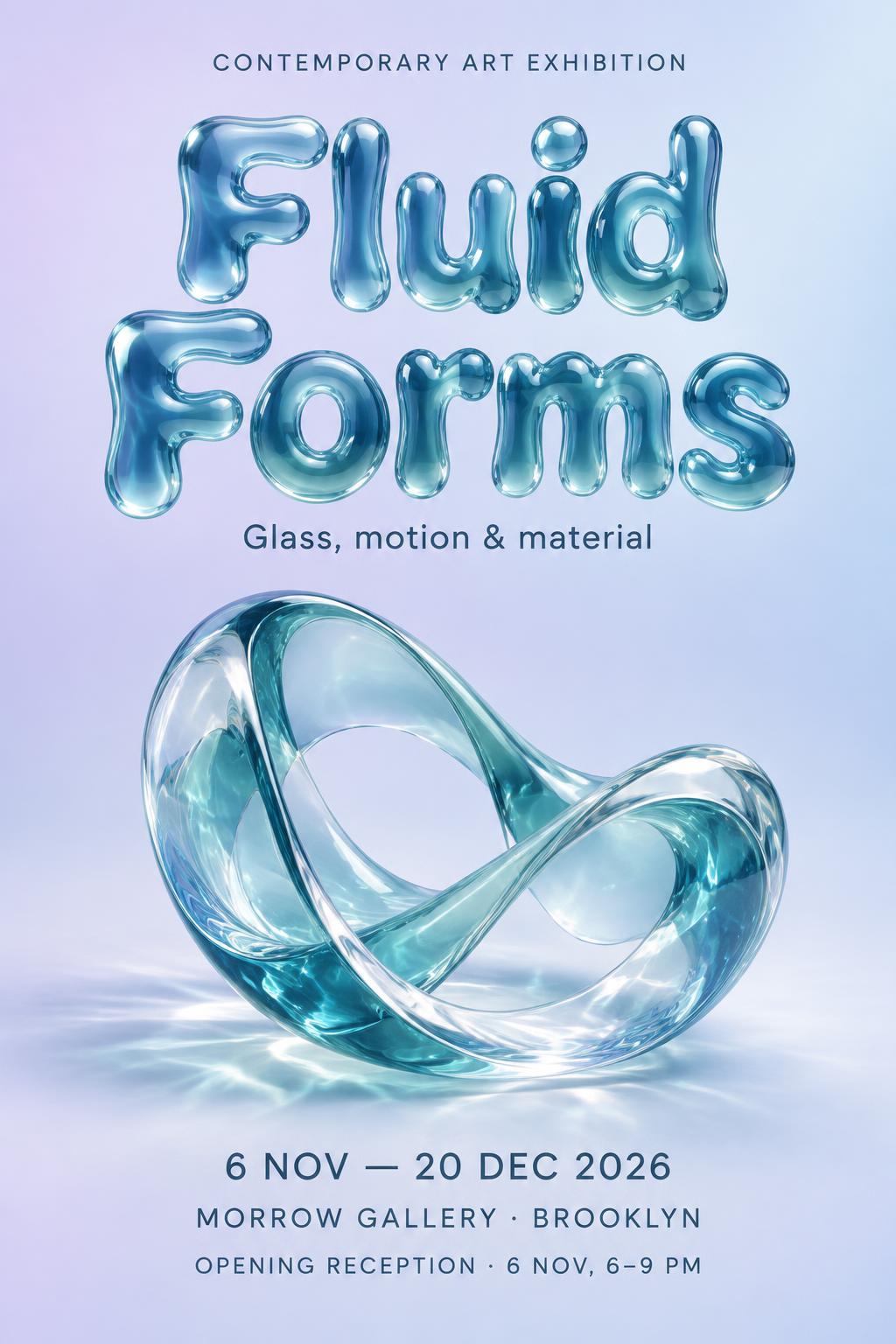"CONTEMPORARY ART EXHIBITION
Fluid Forms
Glass, motion & material
6 NOV — 20 DEC 2026
MORROW GALLERY · BROOKLYN
OPENING RECEPTION · 6 NOV, 6–9 PM" — Glass Liquid | AI Text Effect Generator