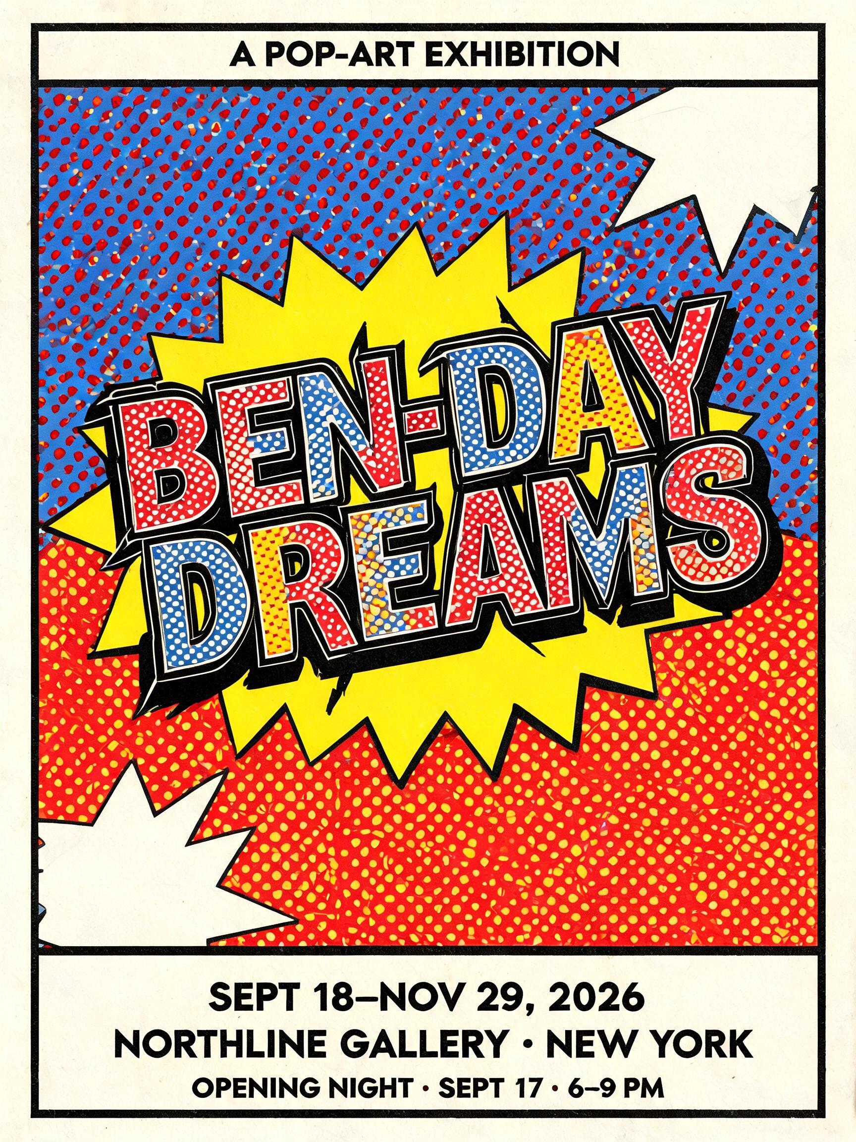 "Make a gallery poster for the pop-art exhibition Ben-Day Dreams" — Pop Art | AI Text Effect Generator