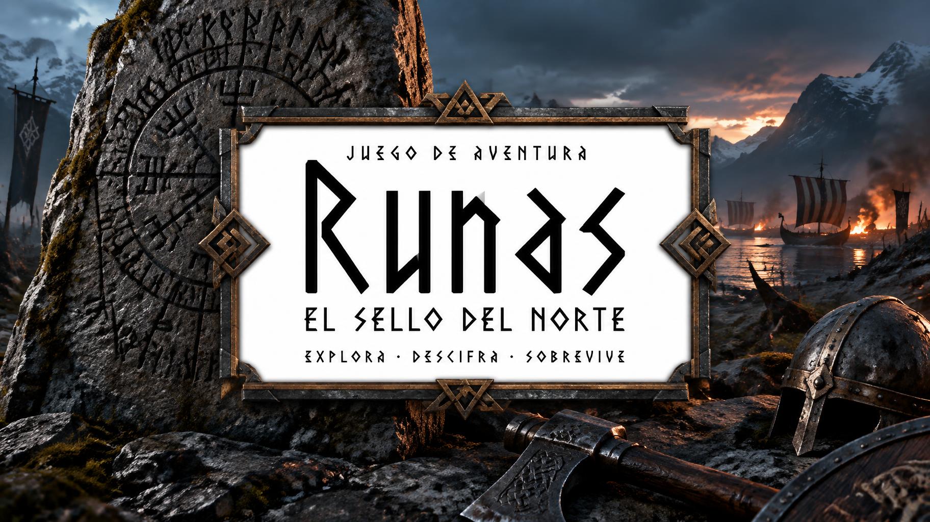 "JUEGO DE AVENTURA
Runas
EL SELLO DEL NORTE
EXPLORA · DESCIFRA · SOBREVIVE" — Viking | AI Text Effect Generator