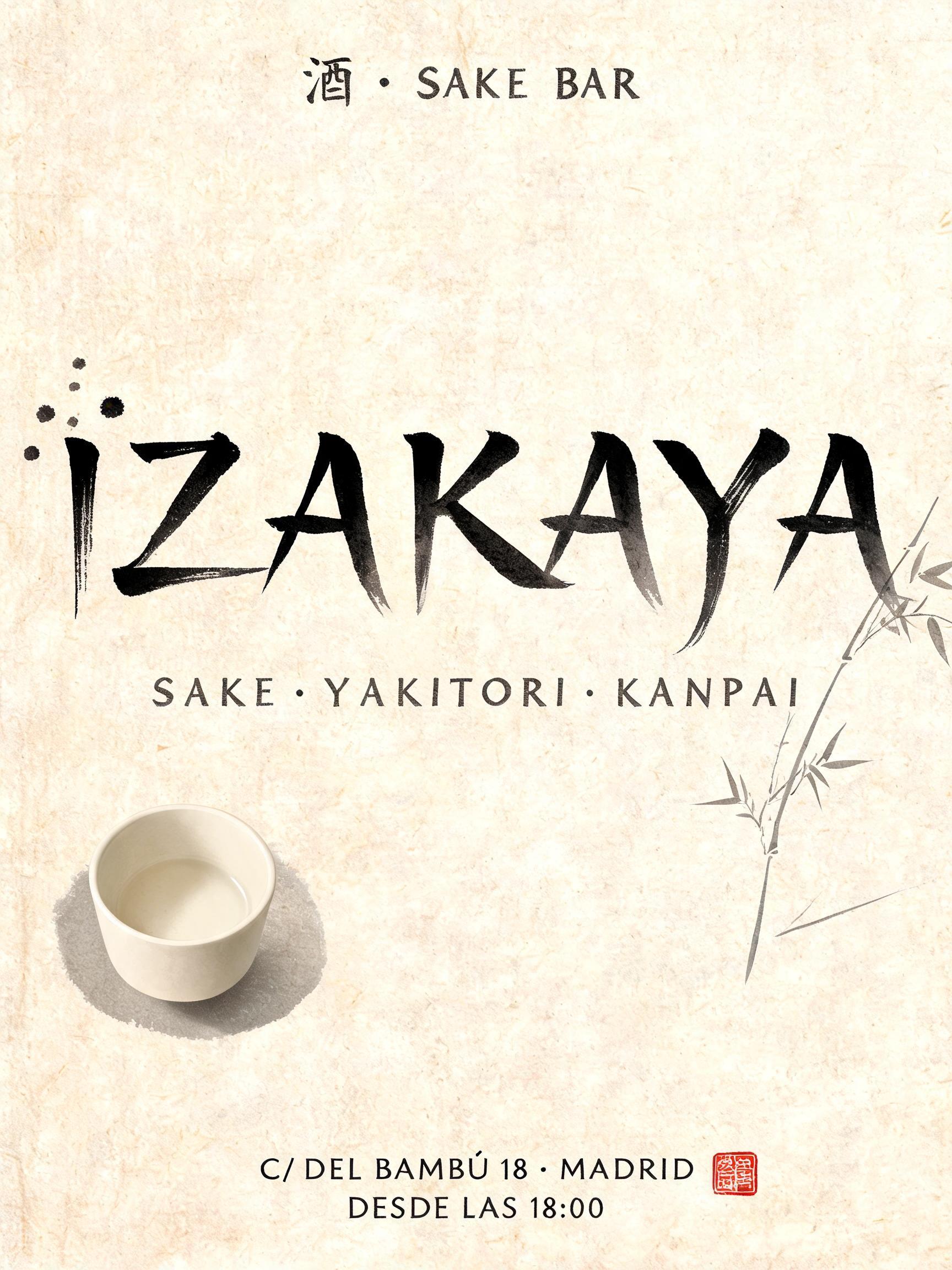 "IZAKAYA
酒 • SAKE BAR
SAKE · YAKITORI · KANPAI
C/ DEL BAMBÚ 18 · MADRID
DESDE LAS 18:00" — Brush Japanese Ink | AI Text Effect Generator