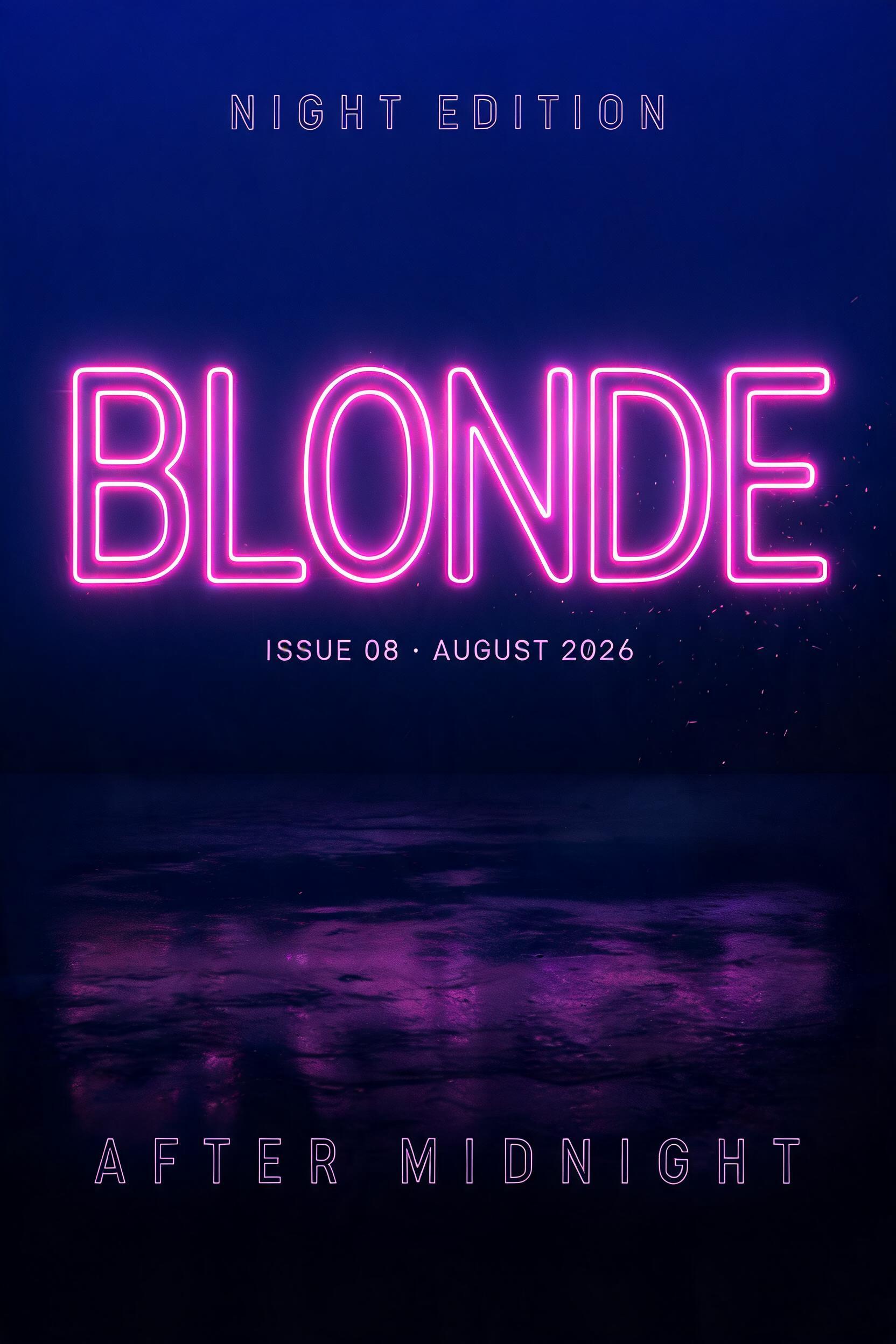 "BLONDE
NIGHT EDITION
ISSUE 08 · AUGUST 2026
AFTER MIDNIGHT" — Neon Outline text effect