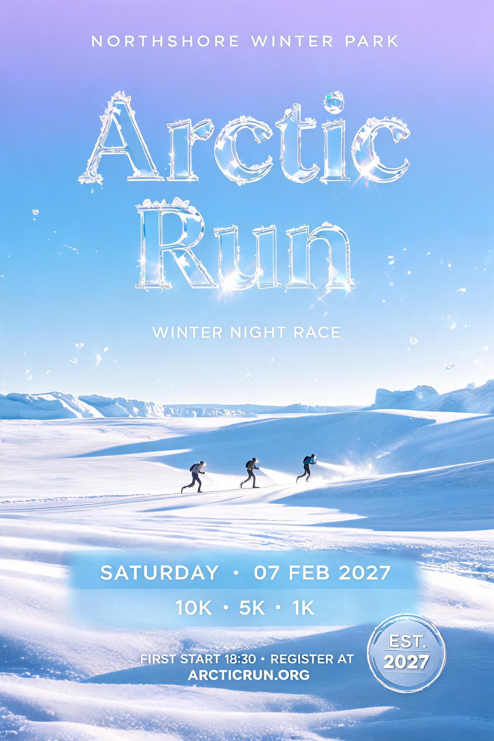 "Arctic Run
NORTHSHORE WINTER PARK
WINTER NIGHT RACE
SATURDAY • 07 FEB 2027
10K • 5K • 1K
FIRST START 18:30 • REGISTER AT ARCTICRUN.ORG
EST. 2027" — Glass | AI Text Effect Generator