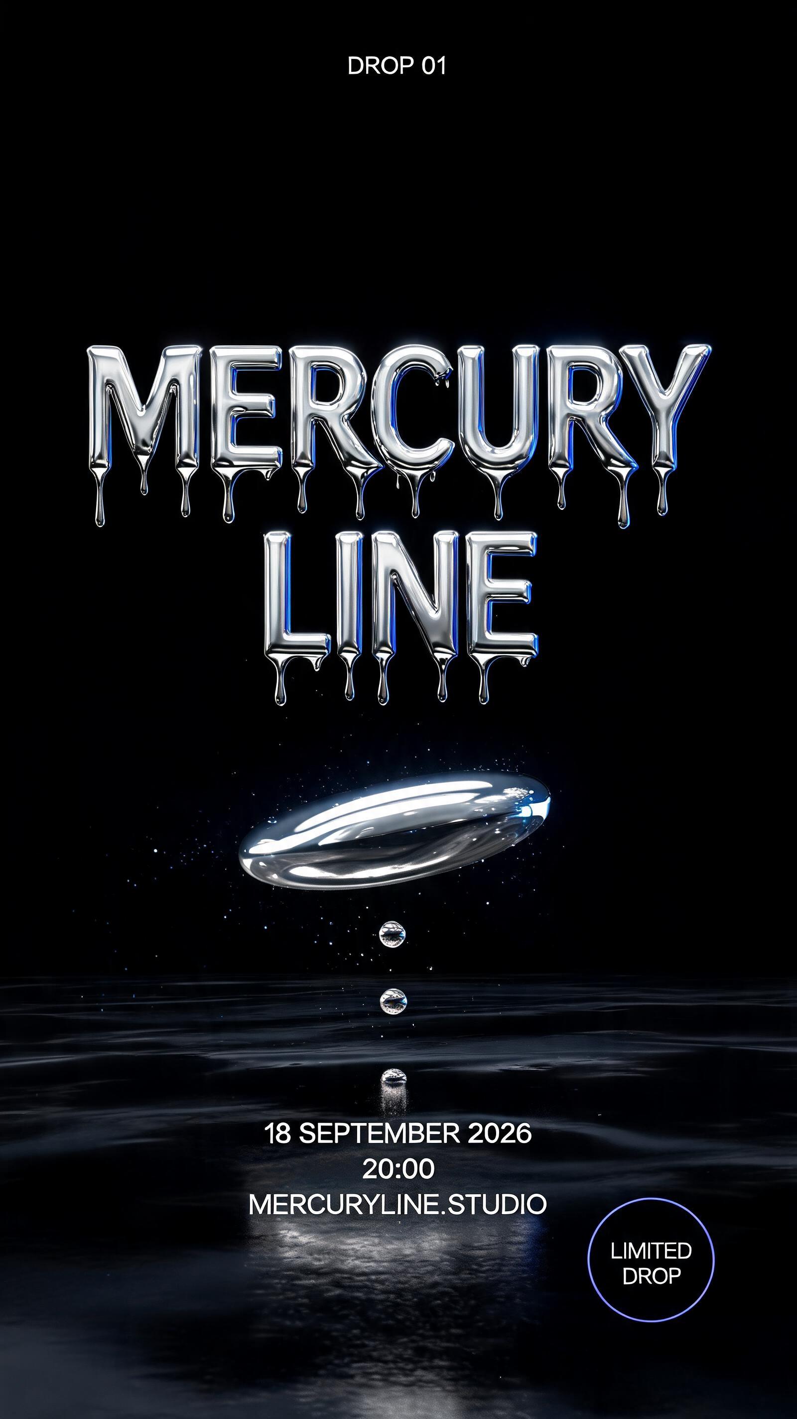 "MERCURY
LINE
DROP 01
18 SEPTEMBER 2026
20:00
MERCURYLINE.STUDIO
LIMITED DROP" — Chrome Metal 3d text effect
