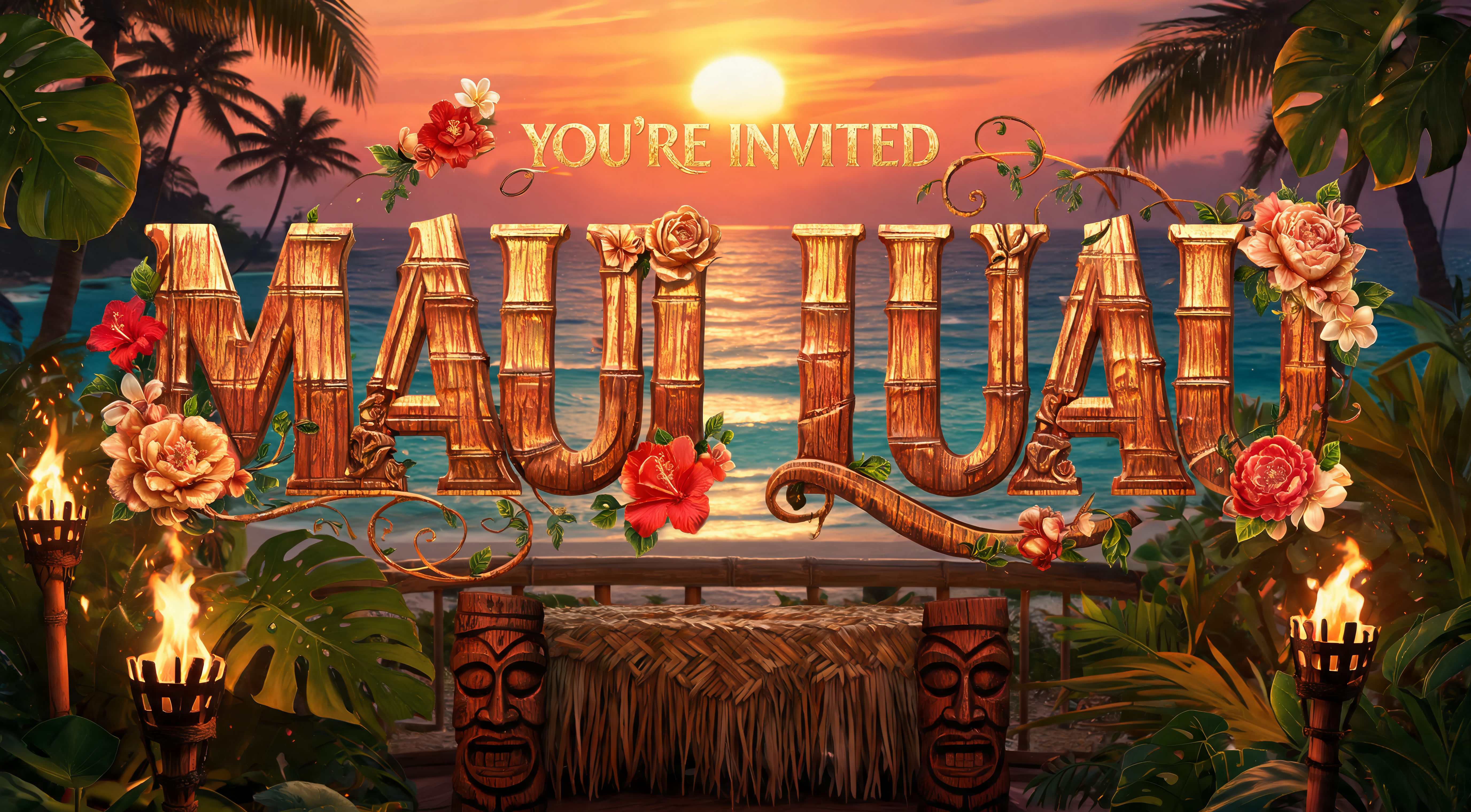 "YOU'RE INVITED
MAUI LUAU" — Hawaiian | AI Text Effect Generator