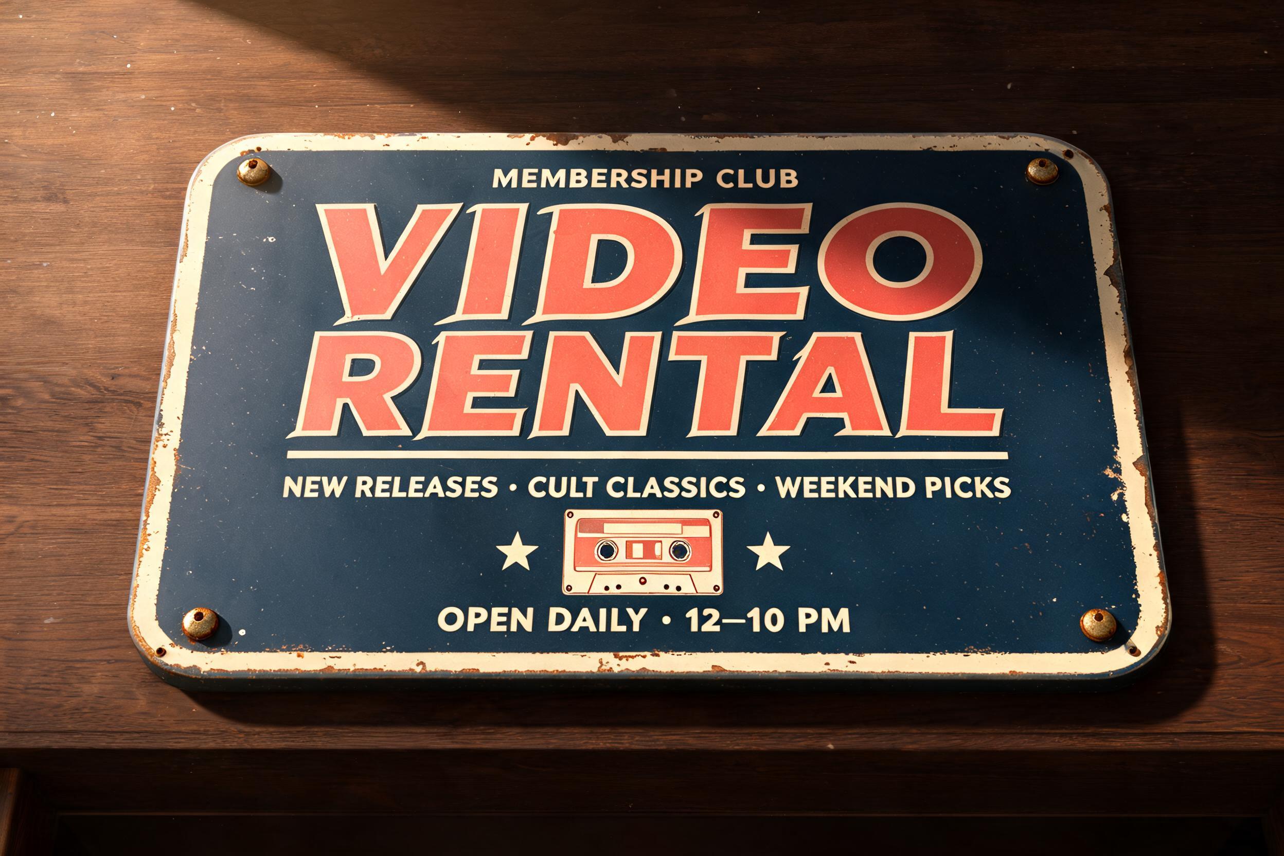 "VIDEO
RENTAL
MEMBERSHIP CLUB
NEW RELEASES • CULT CLASSICS • WEEKEND PICKS
OPEN DAILY • 12–10 PM" — Vintage | AI Text Effect Generator