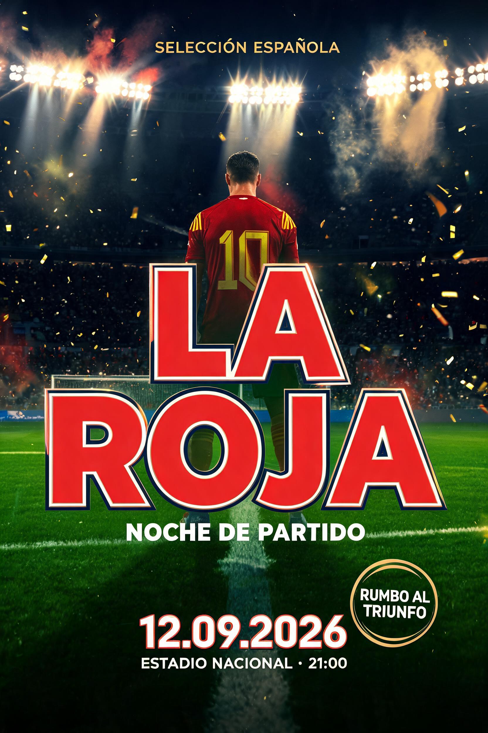 "LA
ROJA
SELECCIÓN ESPAÑOLA
NOCHE DE PARTIDO
12.09.2026
ESTADIO NACIONAL · 21:00
RUMBO AL TRIUNFO" — Sports Football | AI Text Effect Generator
