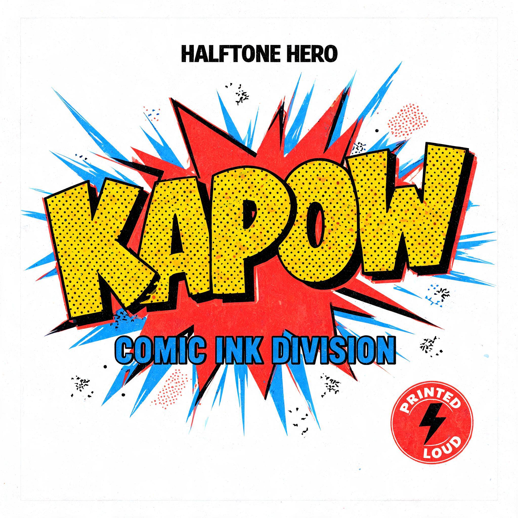 "KAPOW
HALFTONE HERO
COMIC INK DIVISION
PRINTED LOUD" — Comic Book | AI Text Effect Generator