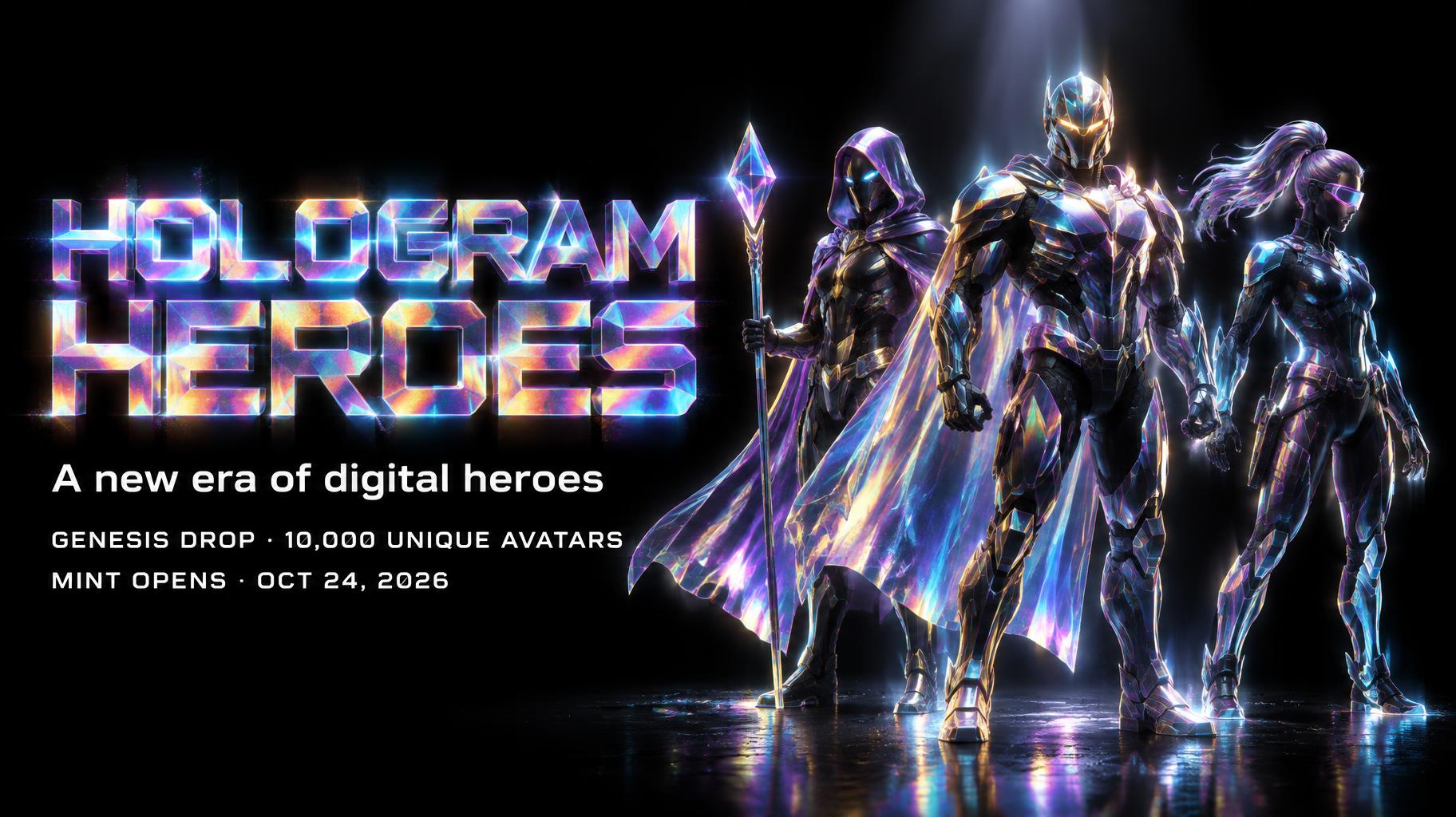 "HOLOGRAM HEROES
A new era of digital heroes
GENESIS DROP · 10,000 UNIQUE AVATARS
MINT OPENS · OCT 24, 2026" — Holographic | AI Text Effect Generator